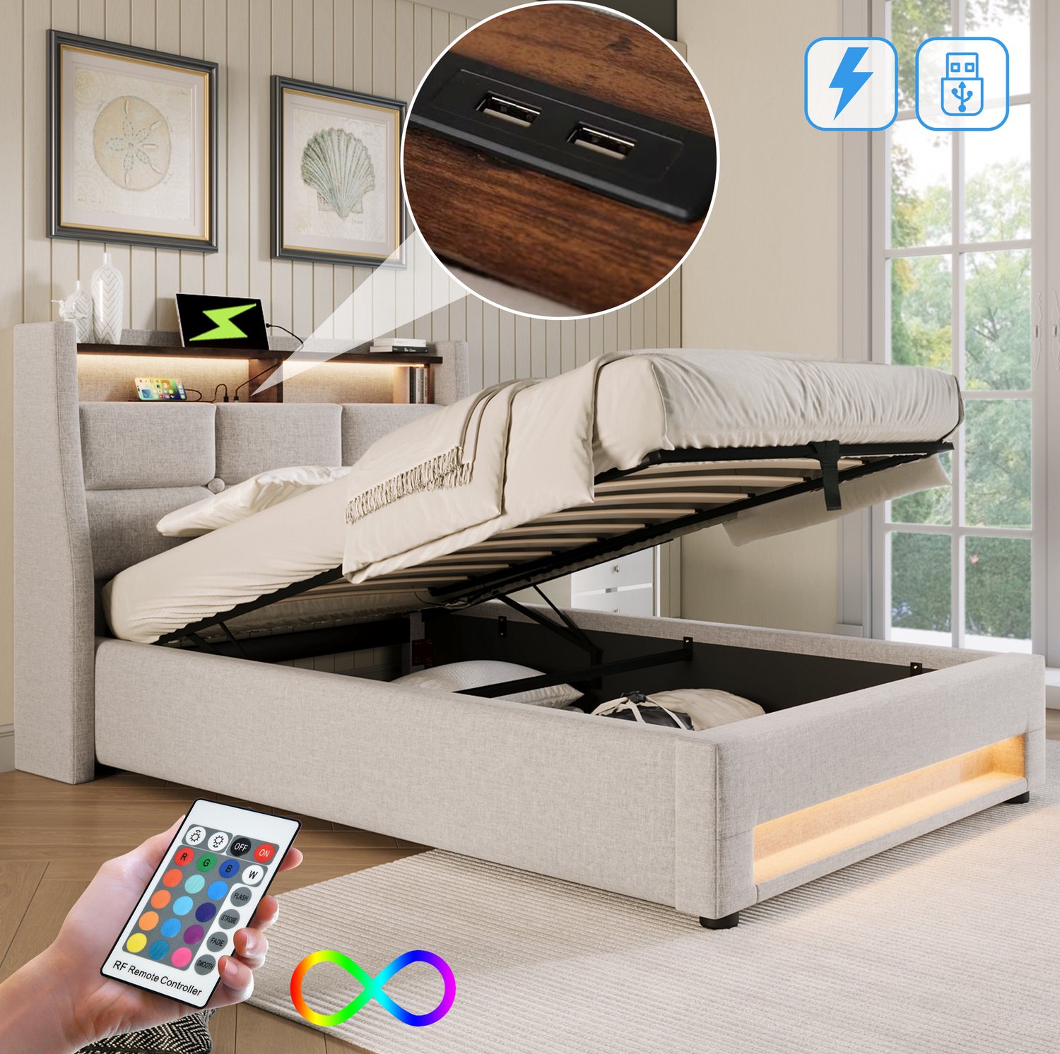 Maisentiel Gestoffeerd eenpersoonsbed 90x200 cm met opbergruimte, LED en USB - beige