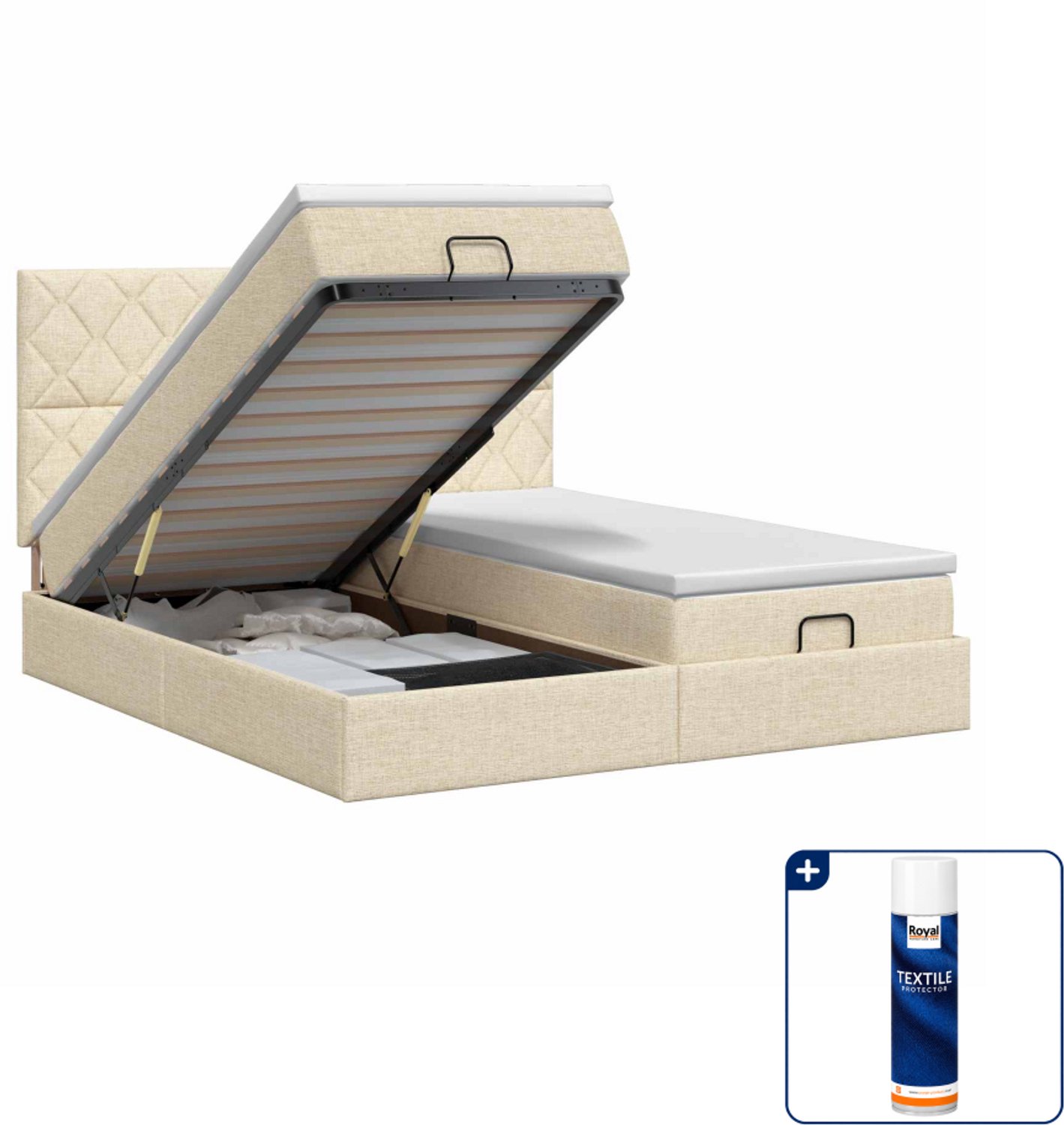 vidaXL Ottoman bed - 200 x 200 cm - crèmekleurig - Inclusief textielbeschermer 500 ml