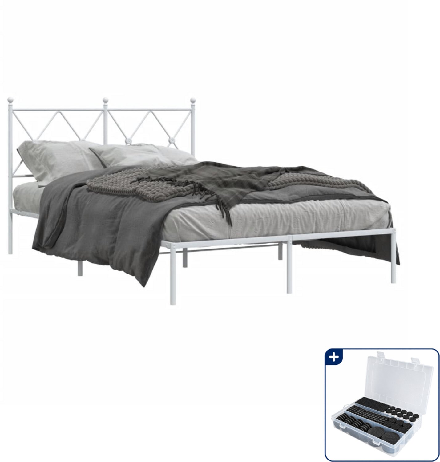 vidaXL bedframe met hoofdbord - 120 x 190 cm - staal - wit - Inclusief antikrasvilt 177-delig
