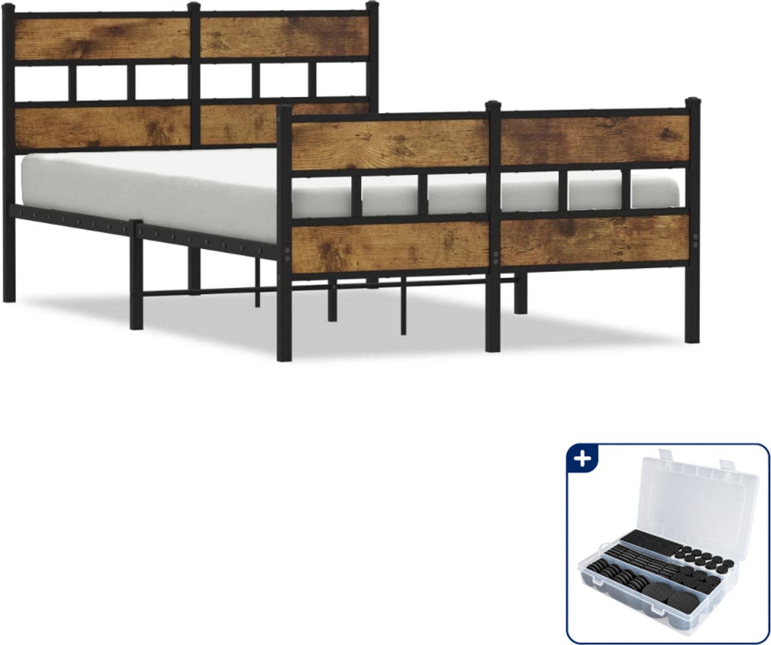 vidaXL bedframe - 120 x 190 cm - metaal - zwart/gerookt eikenkleurig - Inclusief antikrasvilt 177-delig Bruin