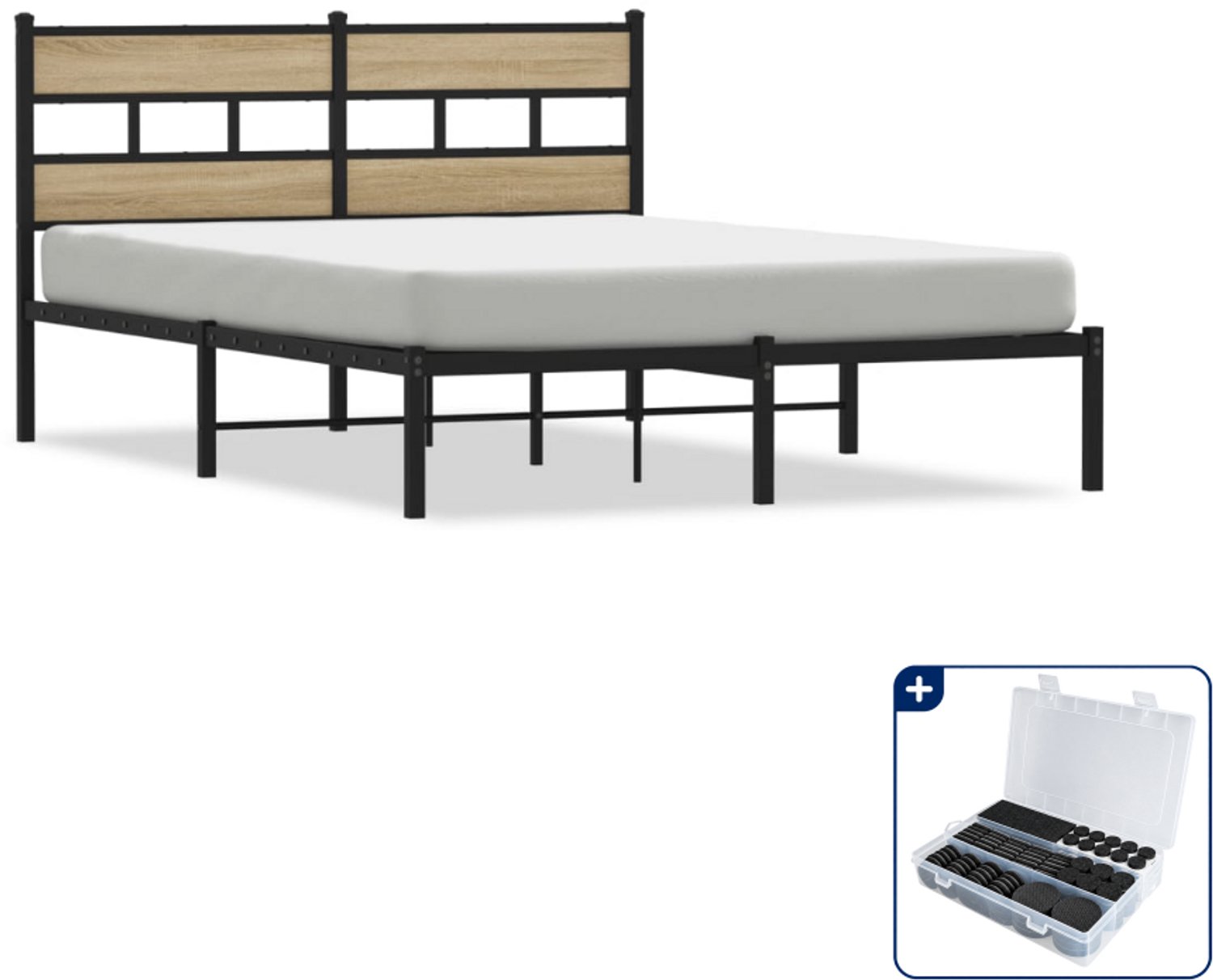 vidaXL Queensize bedframe 160 x 200 cm - zwart en sonoma eiken - Inclusief antikrasvilt 177-delig Bruin
