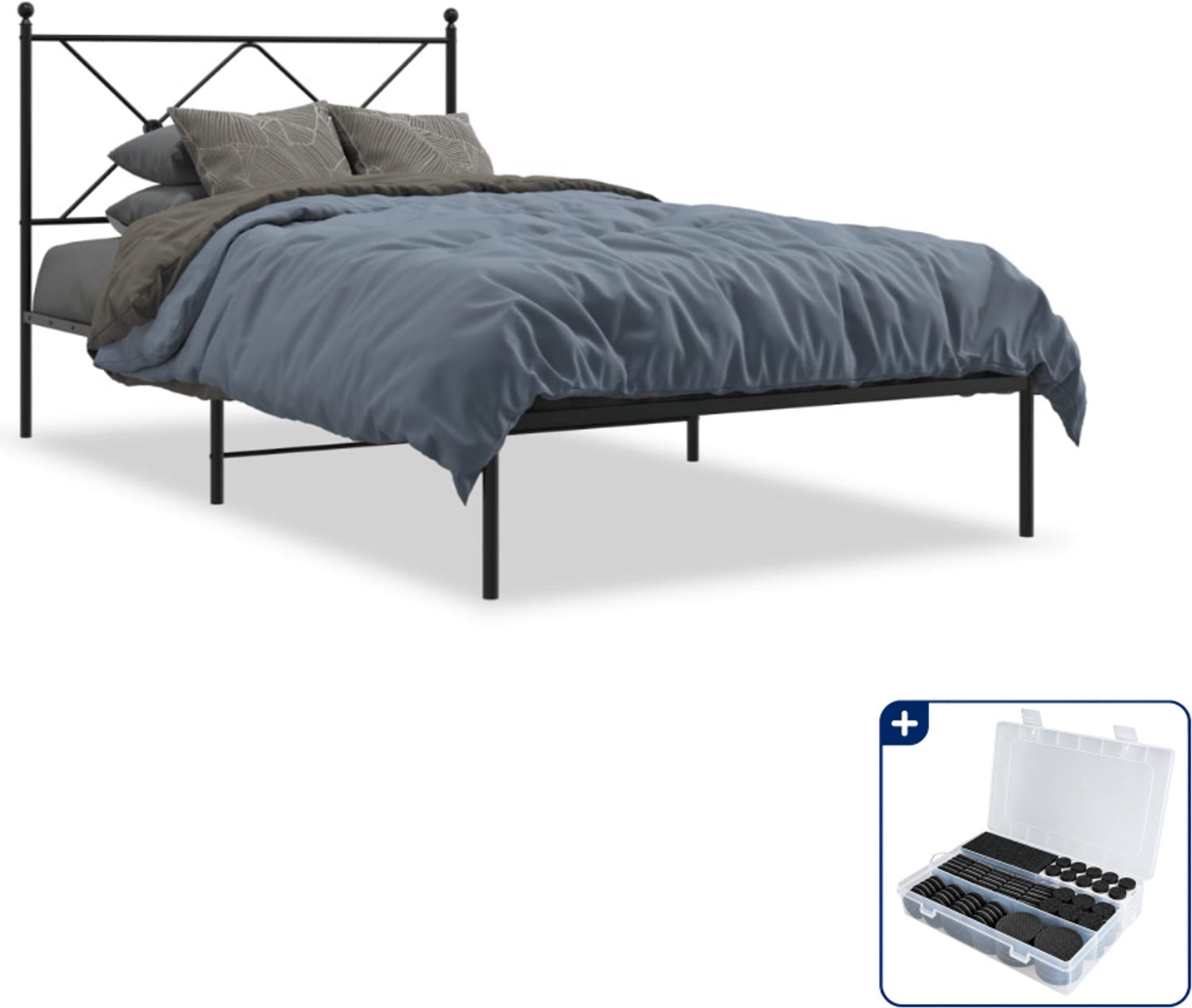 vidaXL bedframe met hoofdbord - 100 x 200 cm - staal - zwart - Inclusief antikrasvilt 177-delig