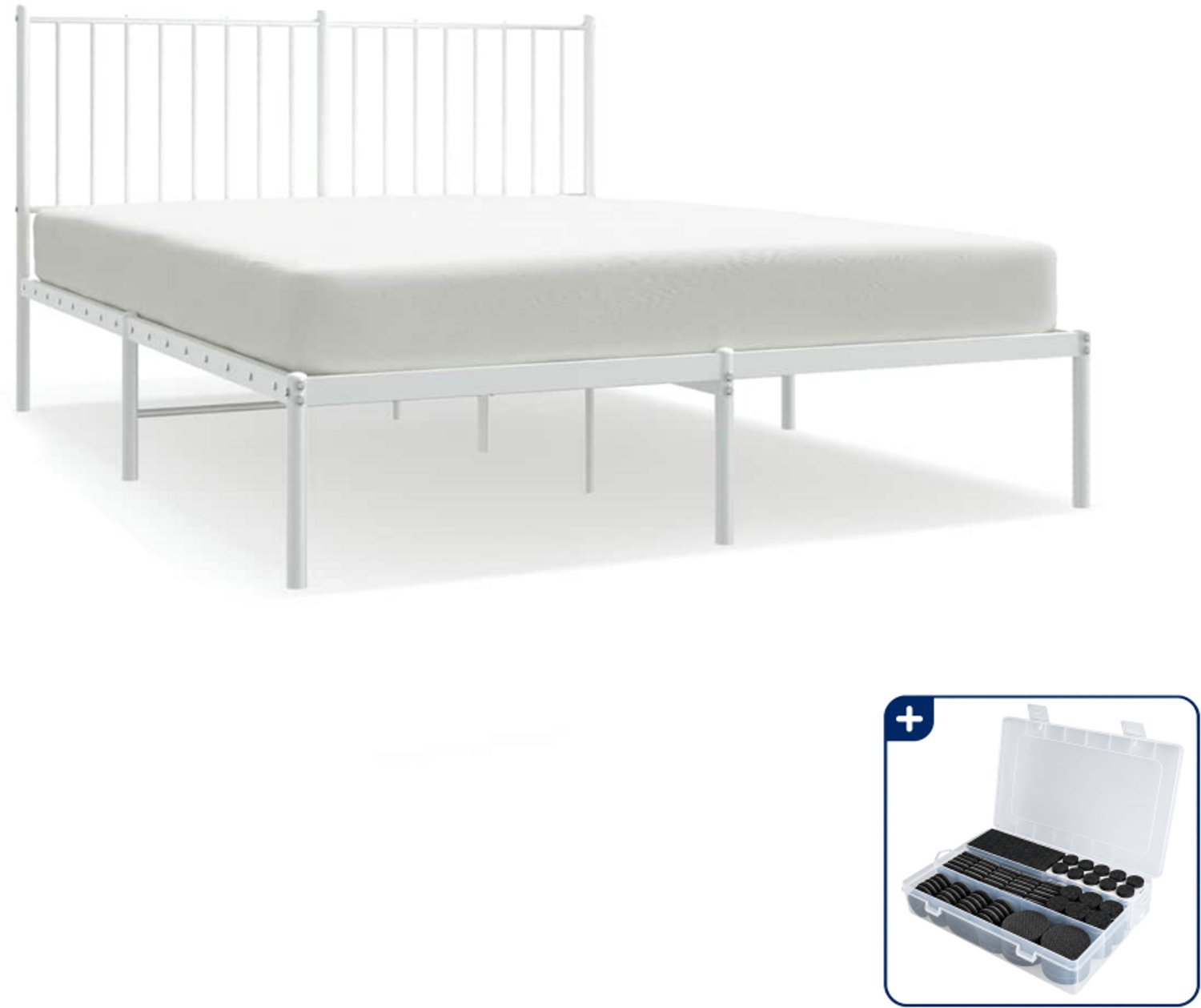 vidaXL bedframe met hoofdbord - 135 x 190 cm - staal - wit - Inclusief antikrasvilt 177-delig
