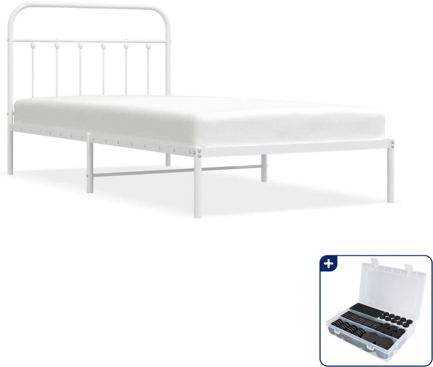 vidaXL bedframe met hoofdbord - 107 x 203 cm - staal - wit - Inclusief antikrasvilt 177-delig