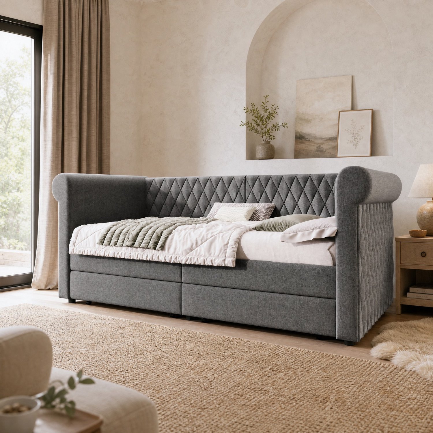 Maisentiel Grijze slaapbank 90 x 200 cm met lattenbodem en 2 opberglades Grijs