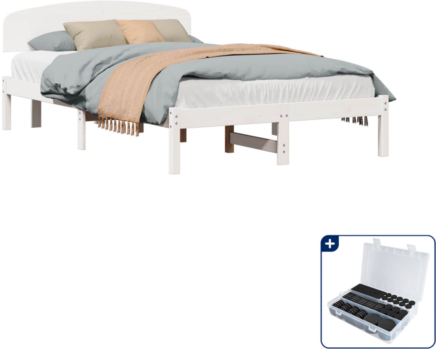 vidaXL bedframe met hoofdeinde - 135 x 190 cm - massief grenenhout - wit - Inclusief antikrasvilt 177-delig