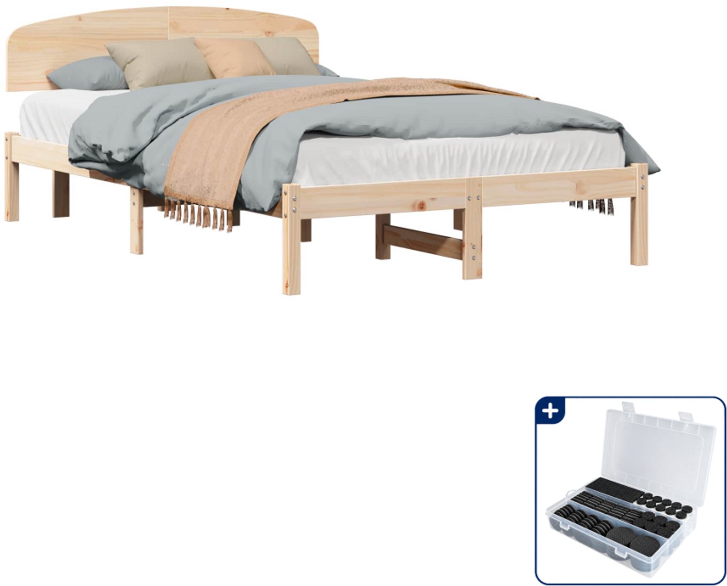 vidaXL bedframe met hoofdeinde - 135 x 190 cm - massief grenenhout - naturel - Inclusief antikrasvilt 177-delig Bruin