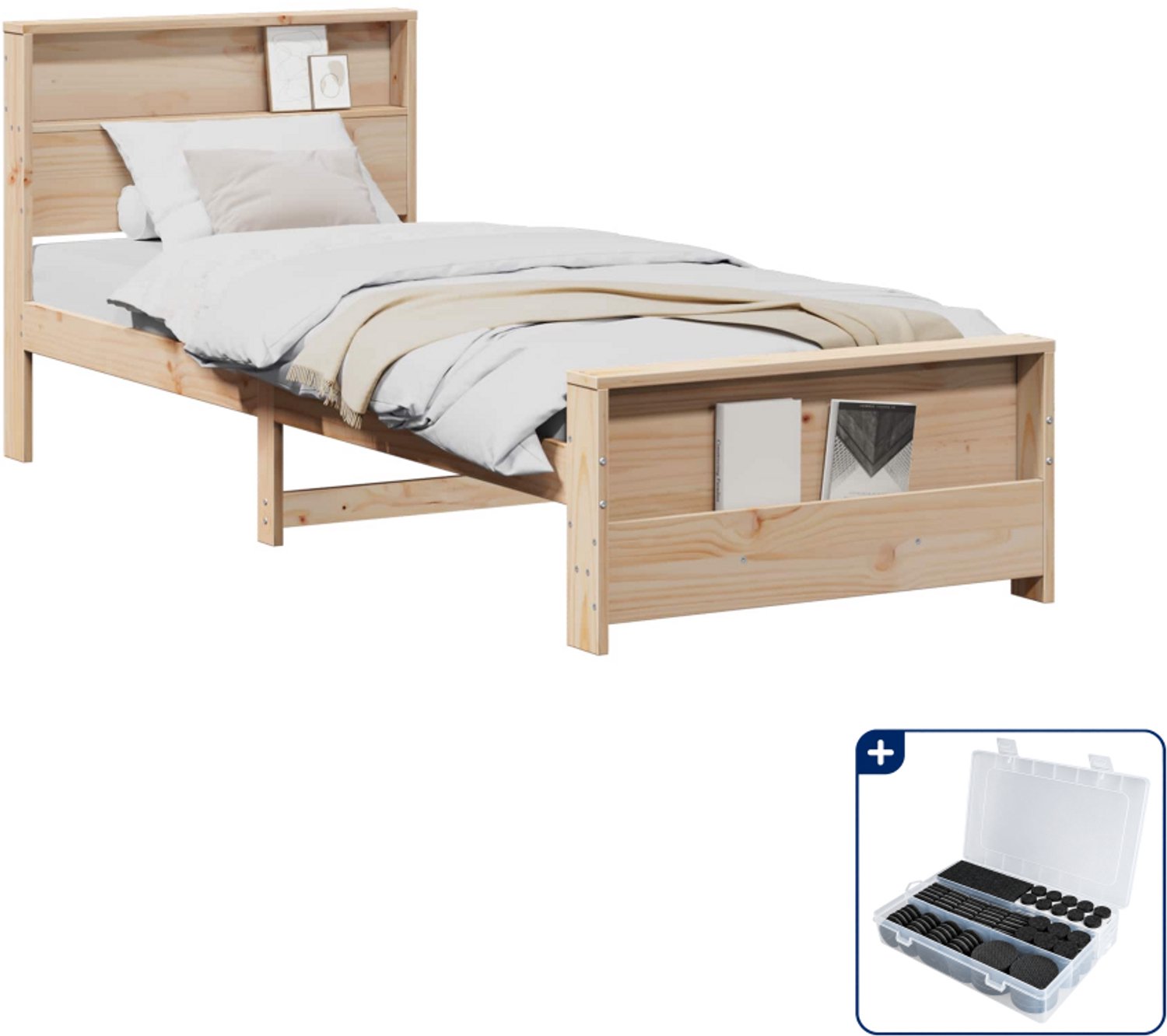vidaXL bedframe met plank - 100 x 200 cm - massief grenenhout - bruin - Inclusief antikrasvilt 177-delig Beige