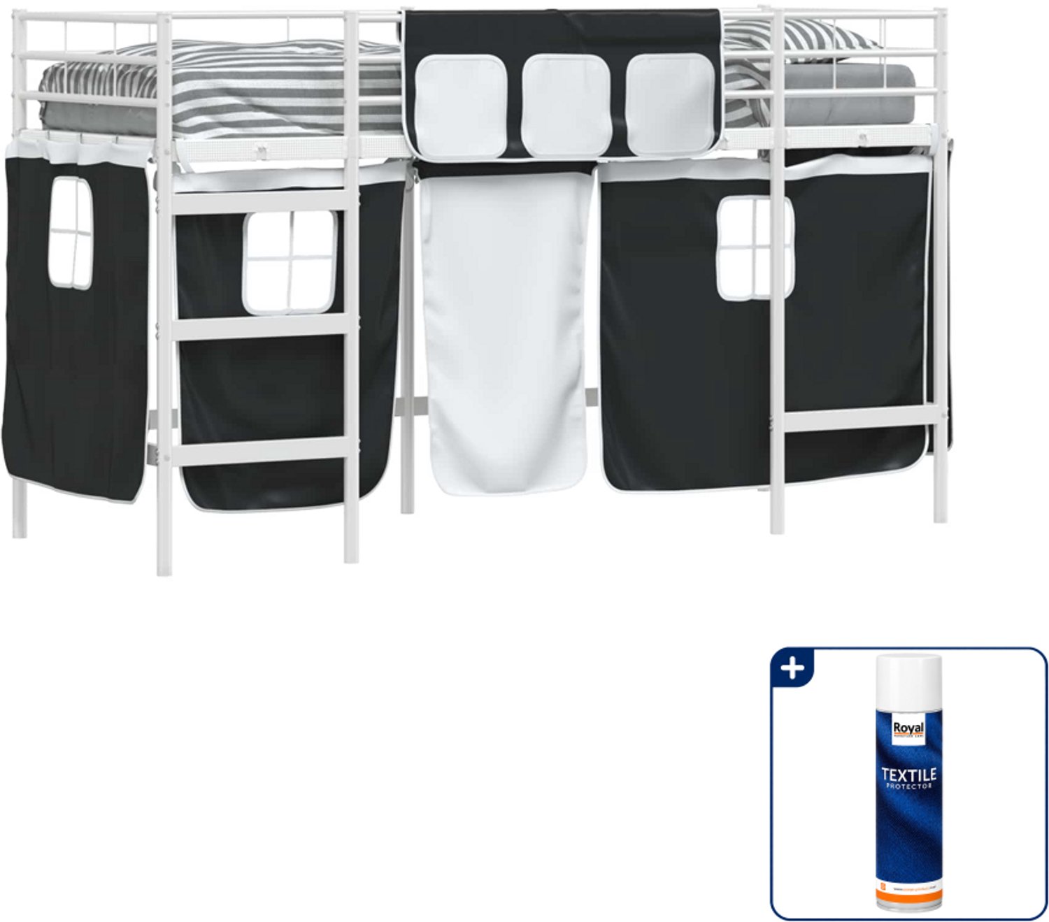 vidaXL kinderhoogslaper met gordijnen - 90 x 190 cm - metaal - wit - Inclusief textielbeschermer 500 ml