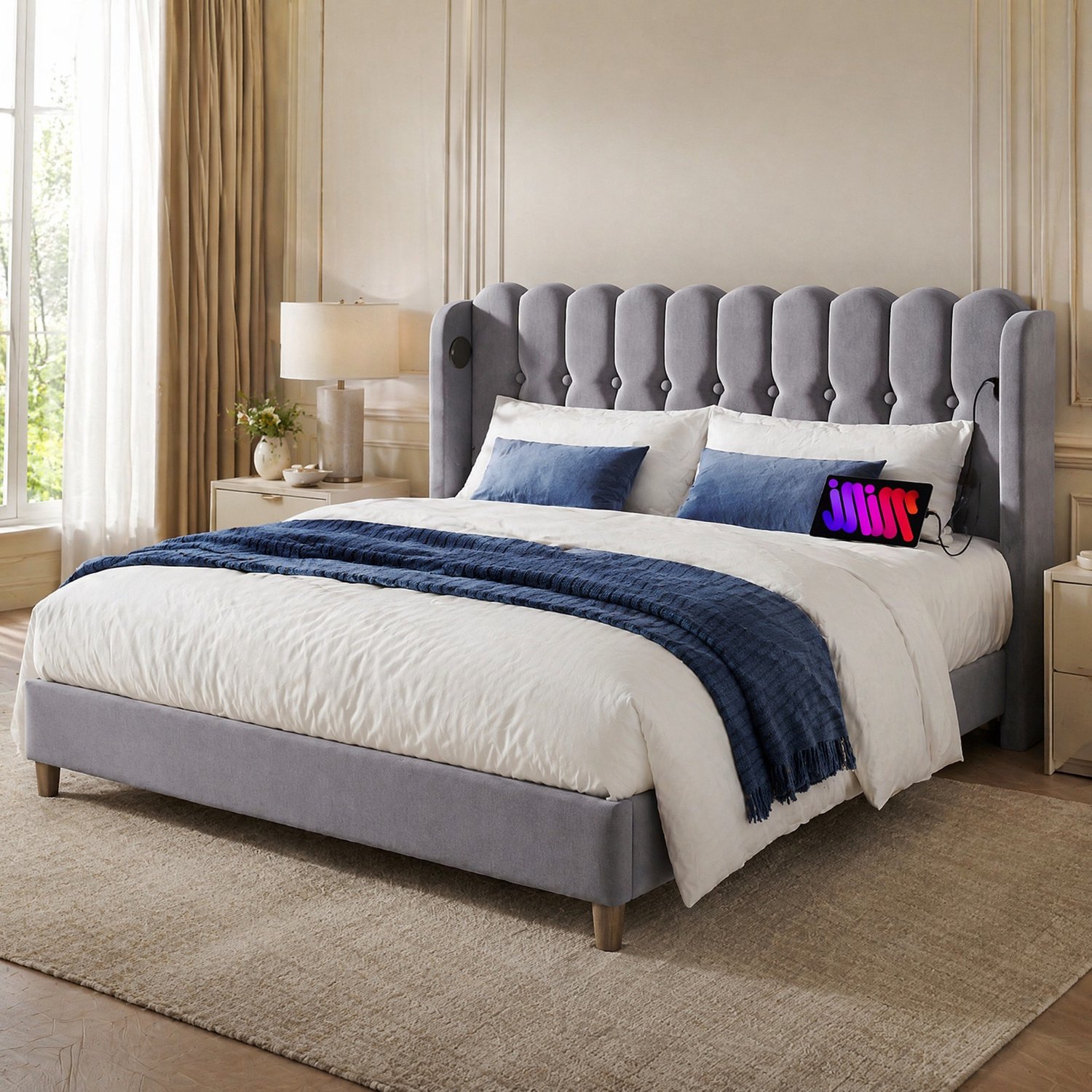 Maisentiel Grijs gestoffeerd tweepersoonsbed 160 x 200 cm met lattenbodem en USB-C