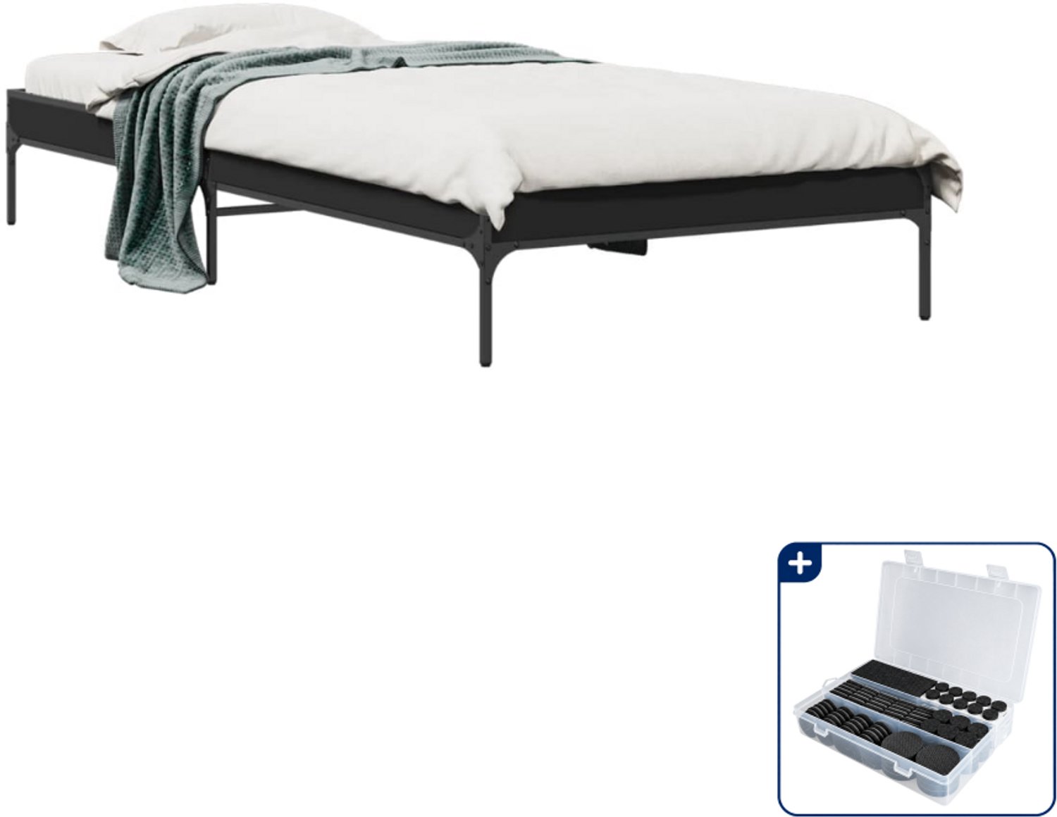 vidaXL bedframe - 75 x 190 cm - bewerkt hout en metaal - zwart - Inclusief antikrasvilt 177-delig