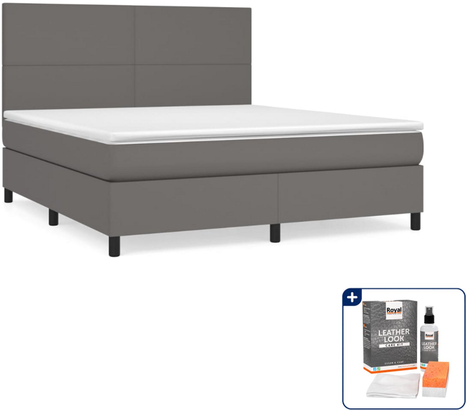 vidaXL boxspring - Queensize - 160 x 200 cm - kunstleer - grijs - Inclusief onderhoudsset voor kunstleer 150 ml