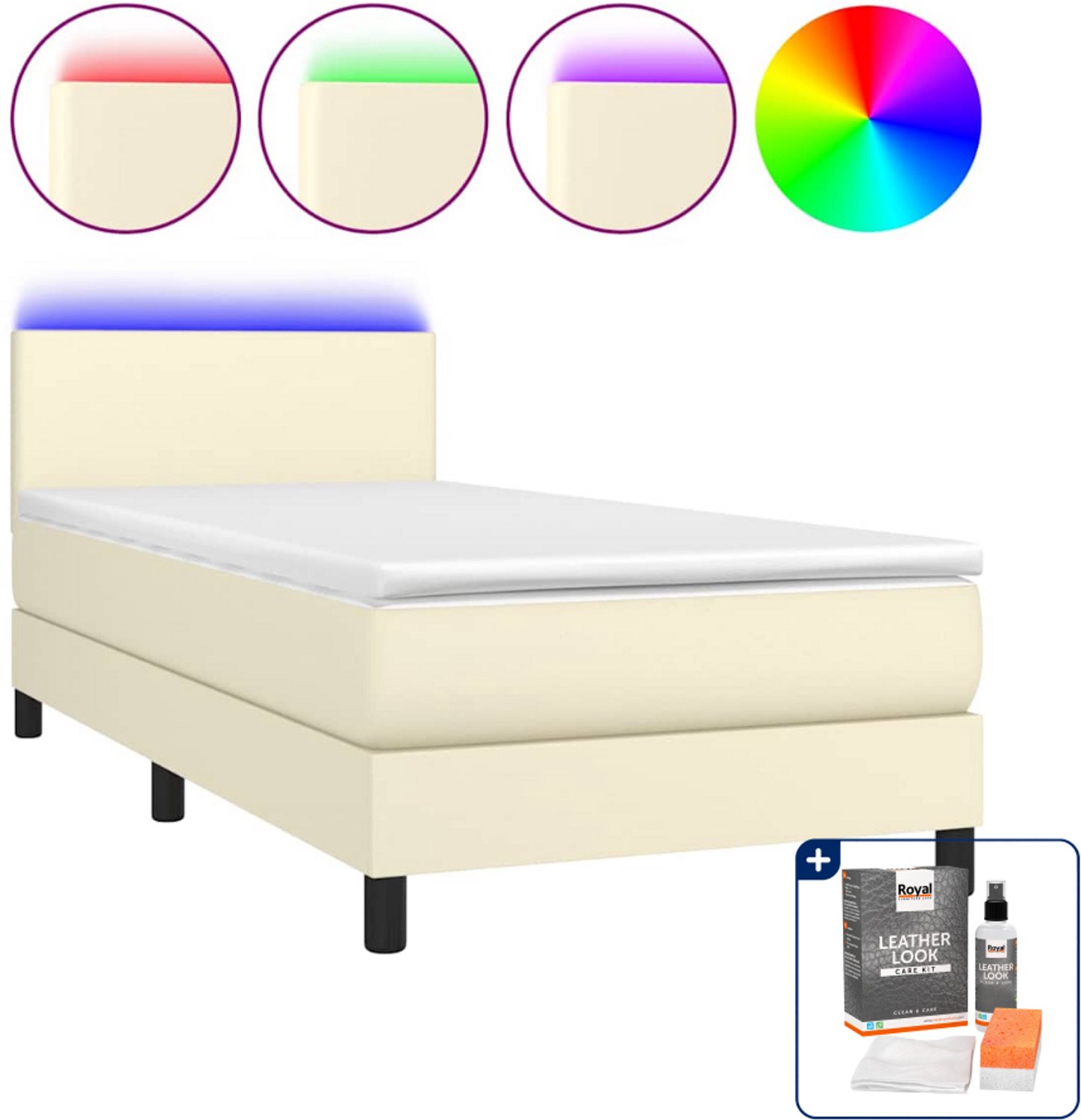 vidaXL boxspring met matras en led - 100 x 200 cm - kunstleer - crème - Inclusief onderhoudsset voor kunstleer 150 ml