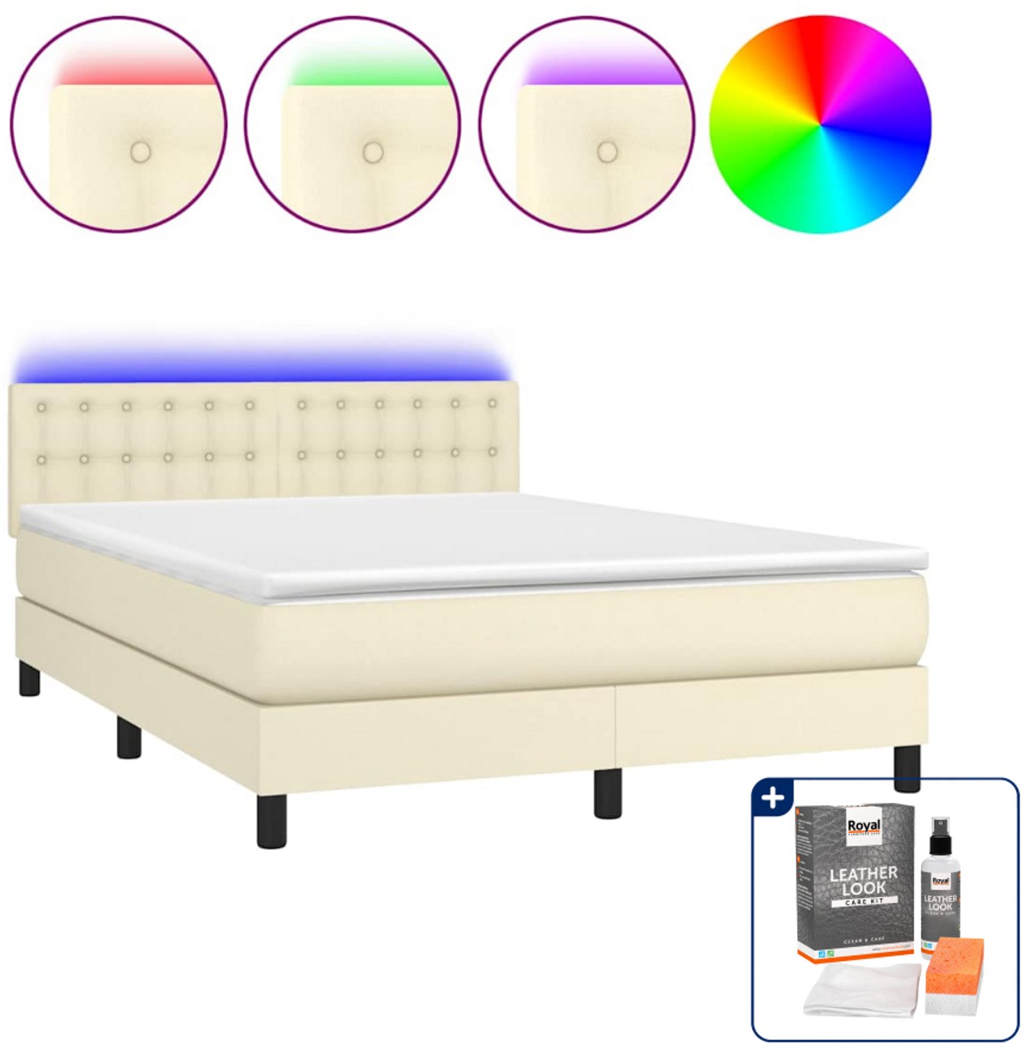 vidaXL boxspring - Small double - 140 x 200 cm - kunstleer - crème - Inclusief onderhoudsset voor kunstleer 150 ml