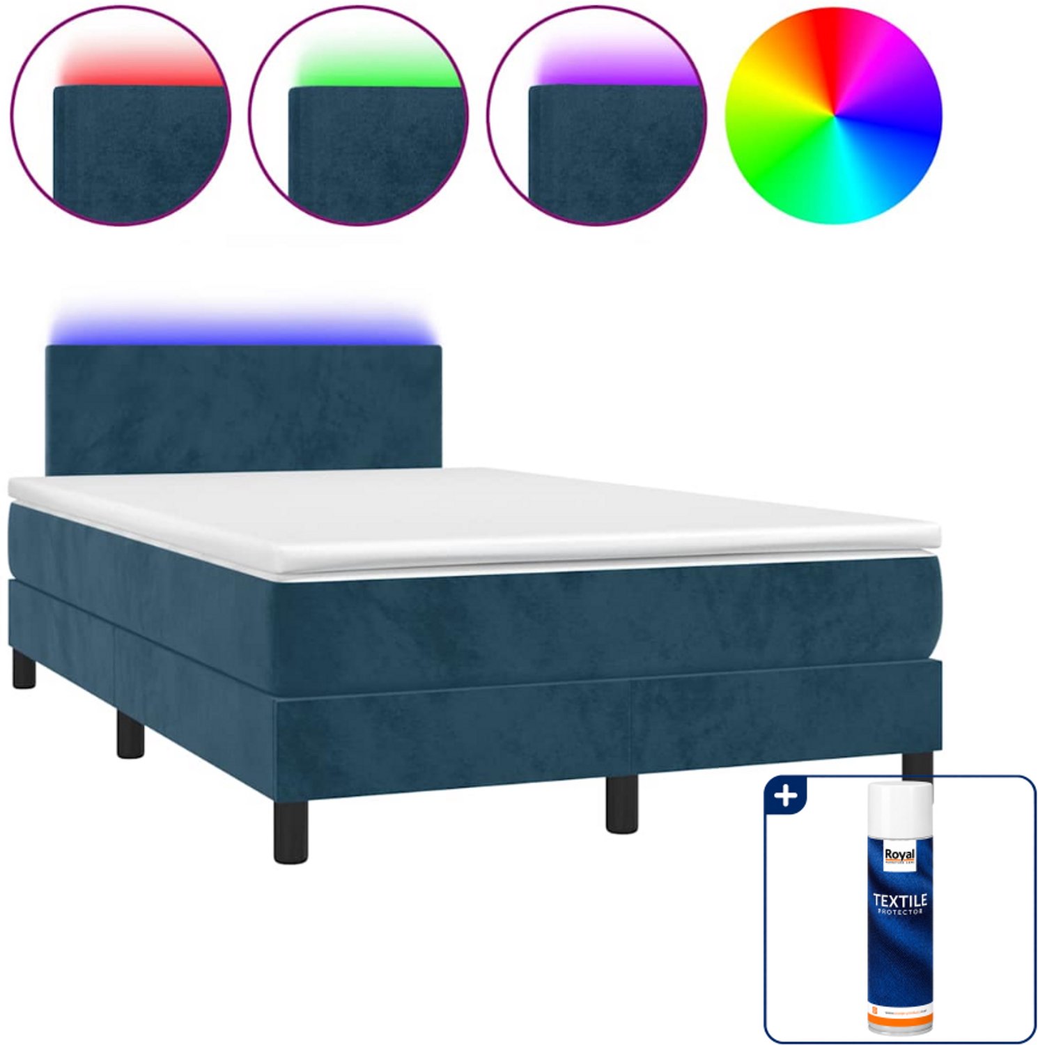 vidaXL boxspring met matras en LED - 120 x 200 cm - fluweel - donkerblauw - Inclusief textielbeschermer 500 ml