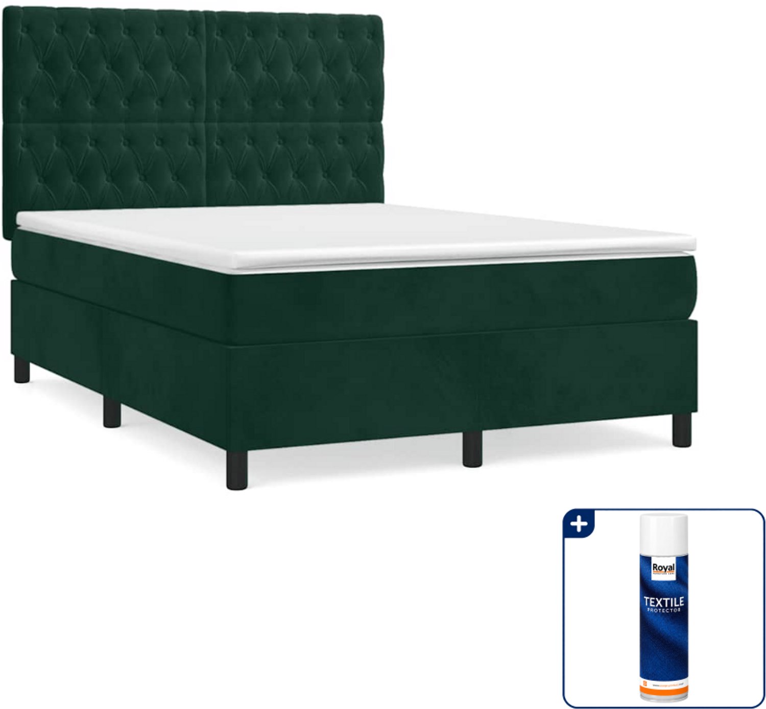 vidaXL boxspring met matras 140 x 190 cm - fluweel - donkergroen - Inclusief textielbeschermer 500 ml