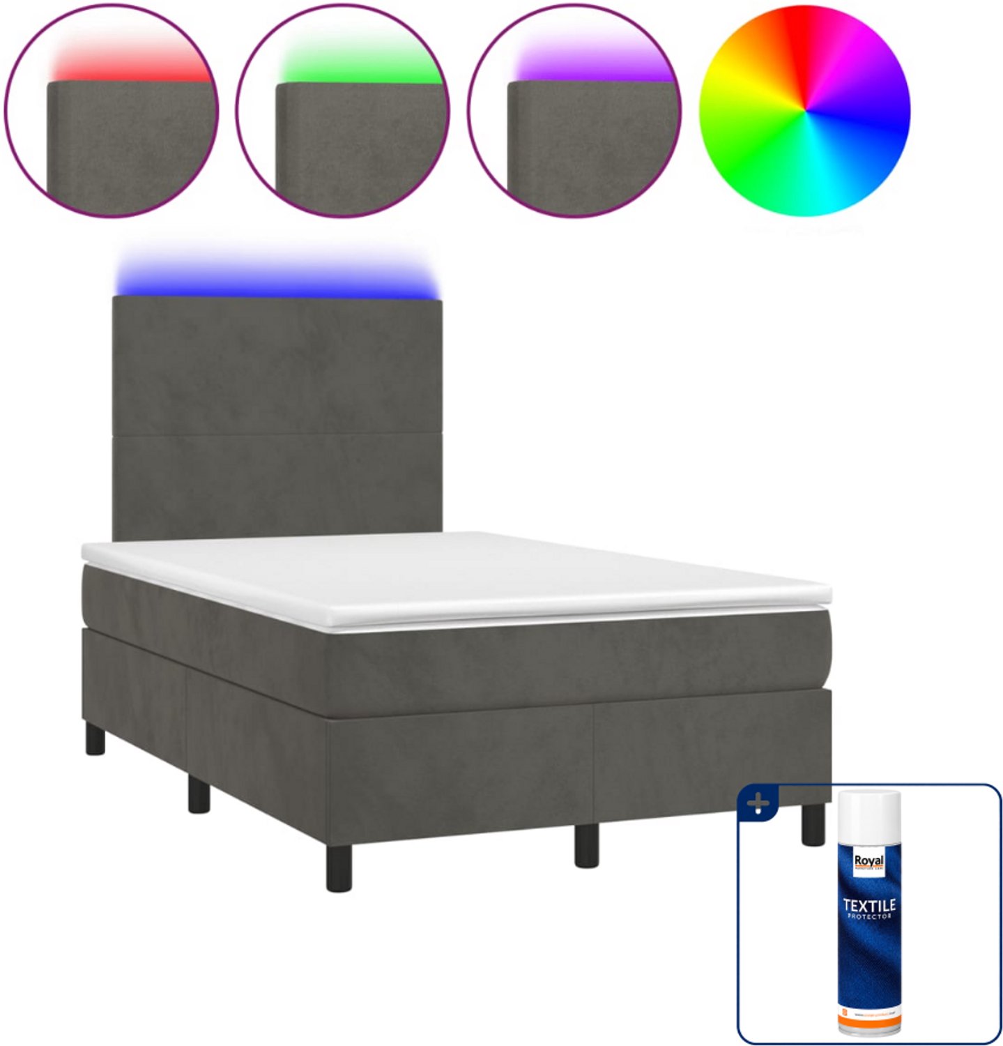 vidaXL boxspring met matras en led - 120 x 190 cm - fluweel - donkergrijs - Inclusief textielbeschermer 500 ml