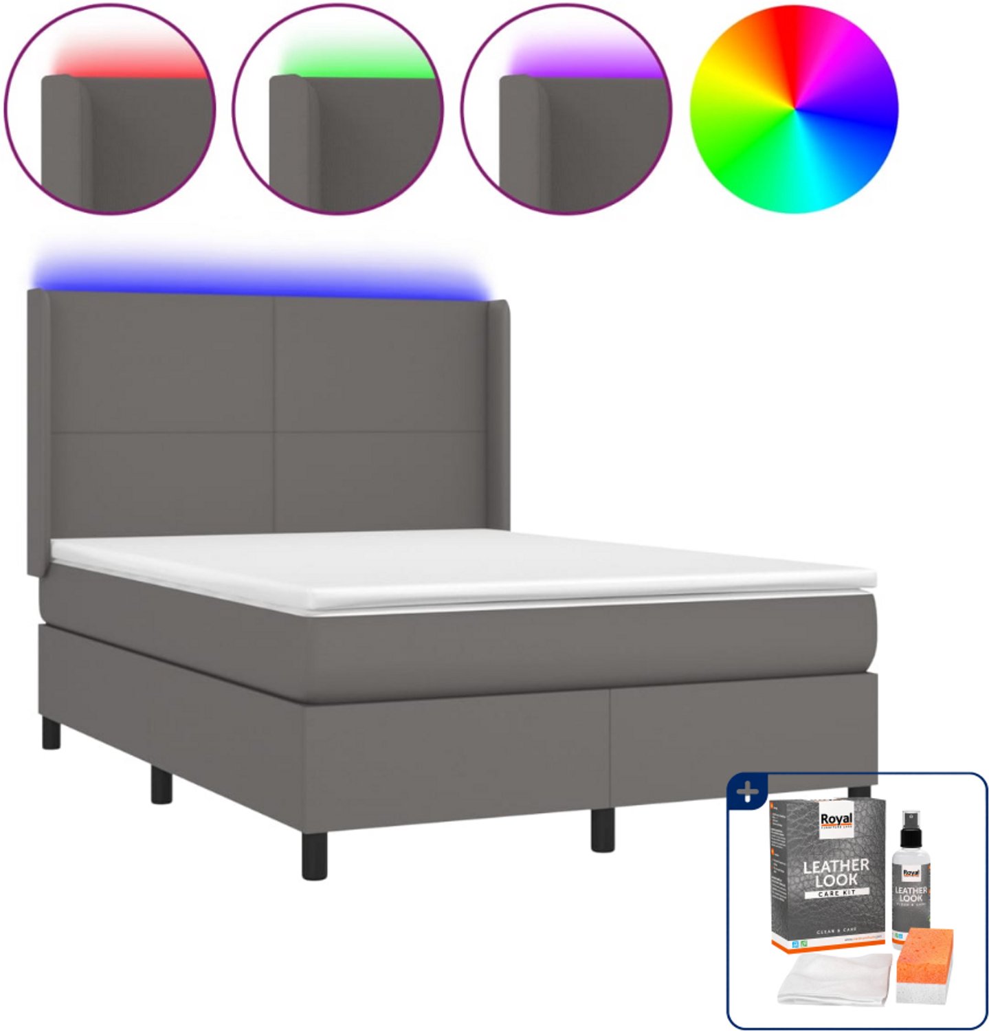 vidaXL boxspring Small double - 140 x 200 cm - kunstleer - grijs - Inclusief onderhoudsset voor kunstleer 150 ml