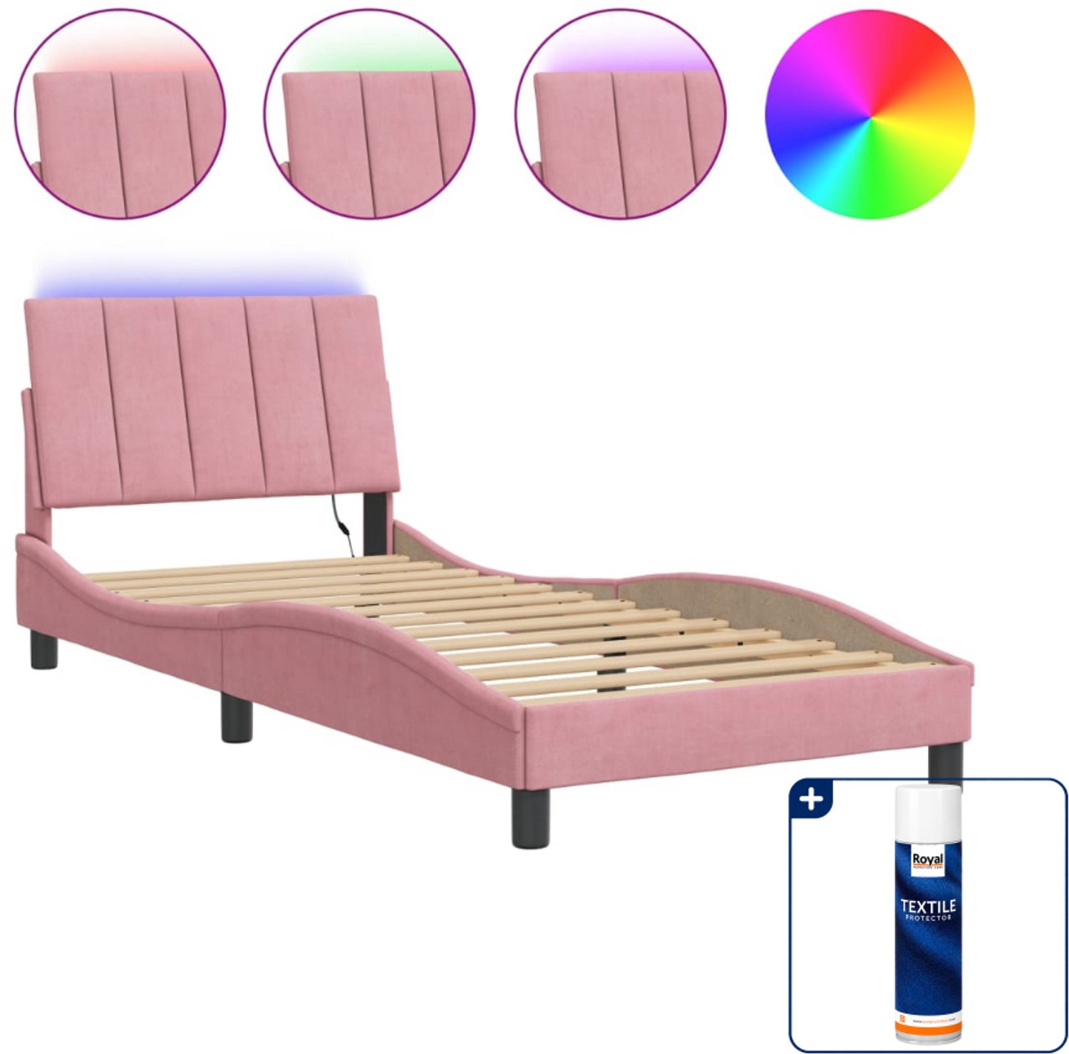 vidaXL Bedframe Dover met LED - 90 x 190 cm - fluweel - roze - Inclusief textielbeschermer 500 ml Wit