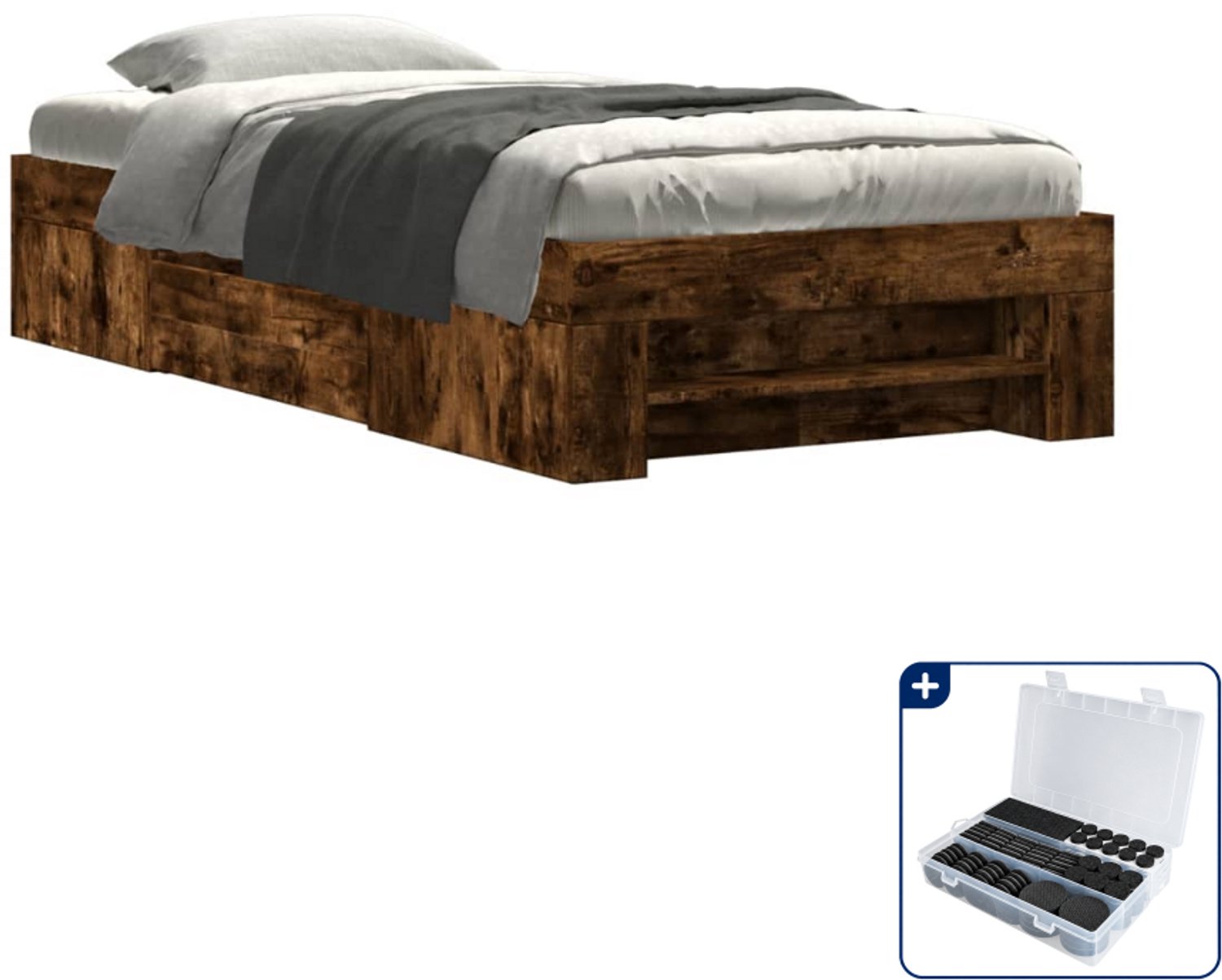 vidaXL bedframe - 75 x 190 cm - bewerkt hout - gerookt eiken - Inclusief antikrasvilt 177-delig Wit