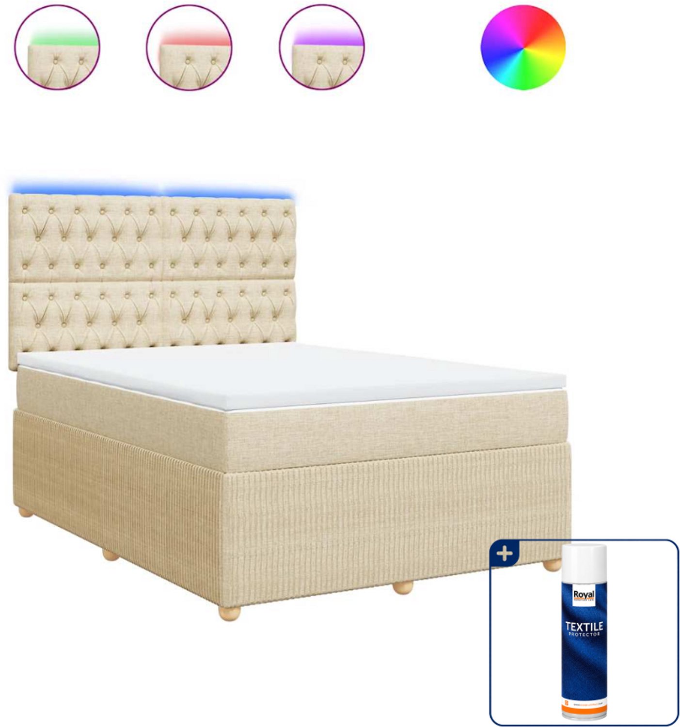 vidaXL boxspring met matras - 140 x 190 cm - stof - crèmekleurig - Inclusief textielbeschermer 500 ml