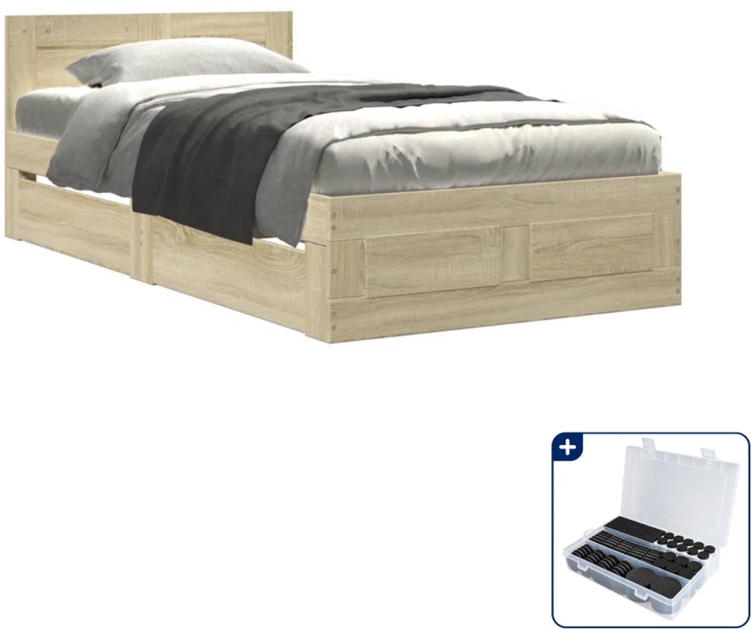 vidaXL bedframe met hoofdbord - 75 x 190 cm - bewerkt hout - sonoma eiken - Inclusief antikrasvilt 177-delig Wit