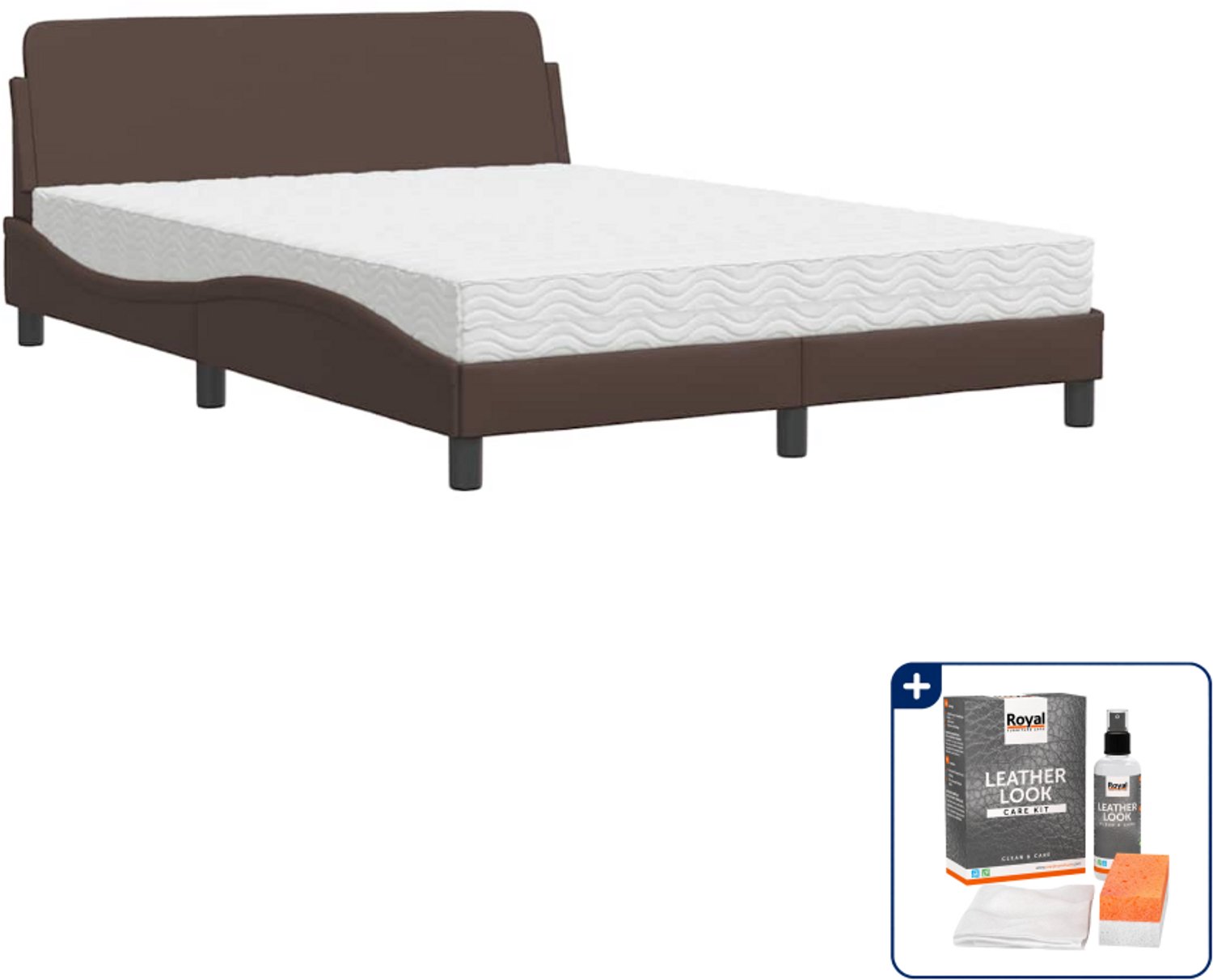vidaXL bed Dover met matras - 140 x 190 cm - kunstleer - bruin - Inclusief onderhoudsset voor kunstleer 150 ml Zwart