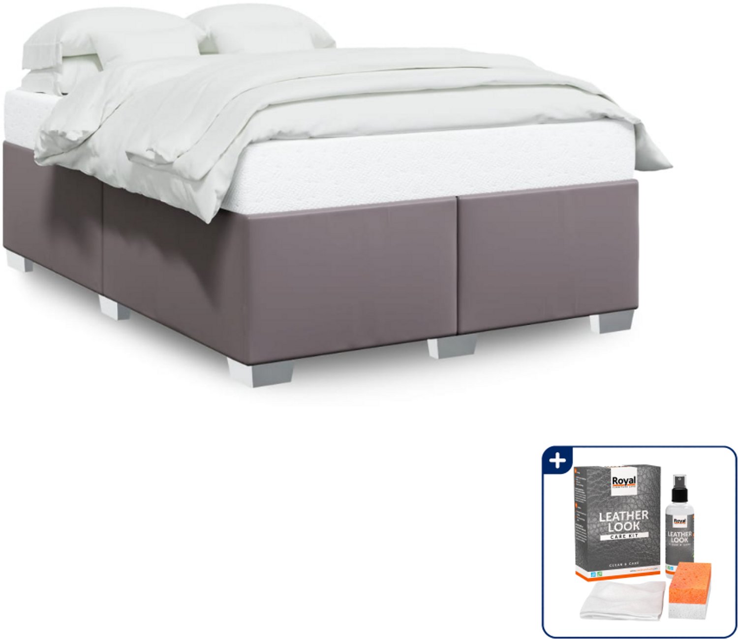 vidaXL Bedframe Queensize - 160 x 200 cm - kunstleer - grijs - Inclusief onderhoudsset voor kunstleer 150 ml Crème