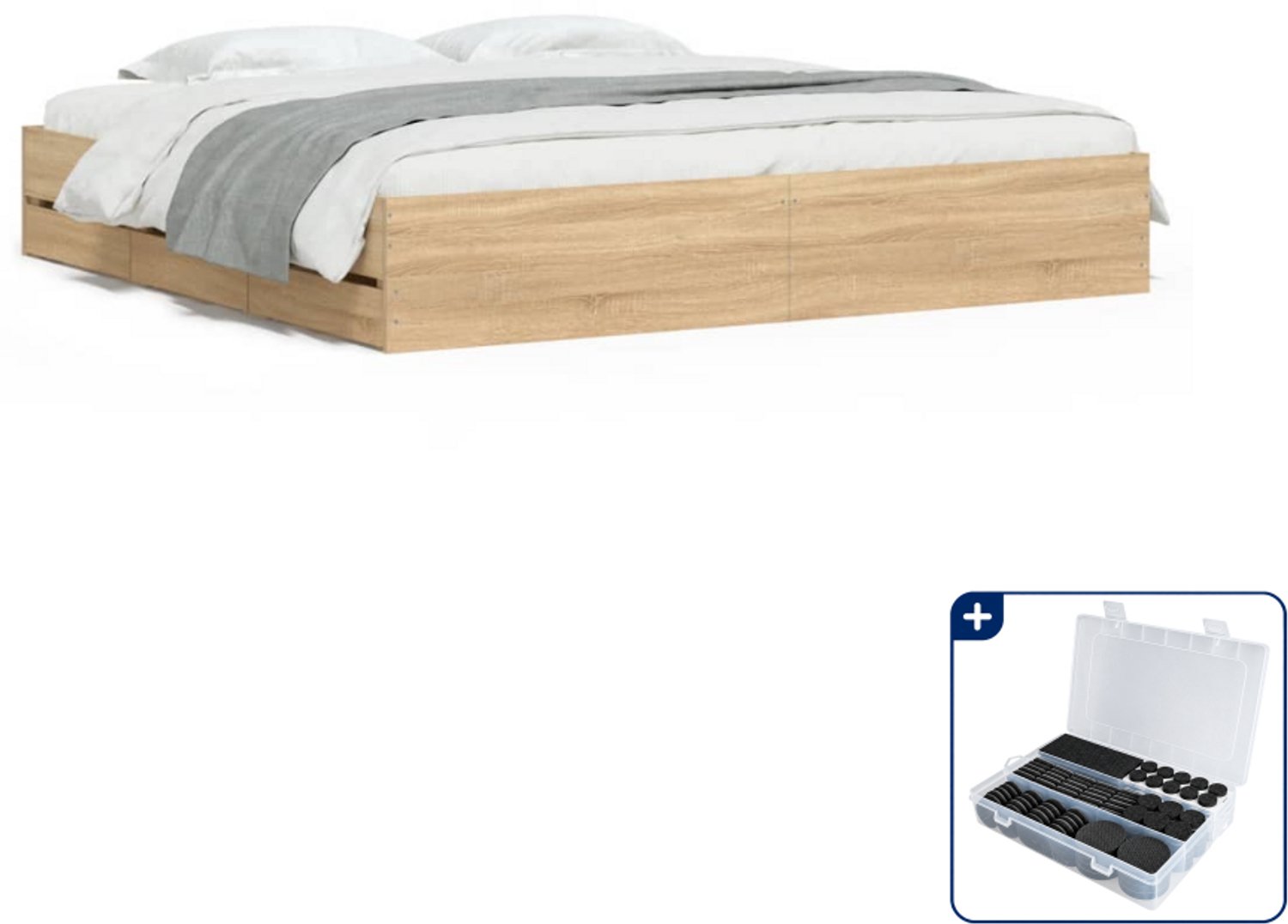 vidaXL bedframe met lades - 200 x 200 cm - bewerkt hout - sonoma eiken - Inclusief antikrasvilt 177-delig Grijs