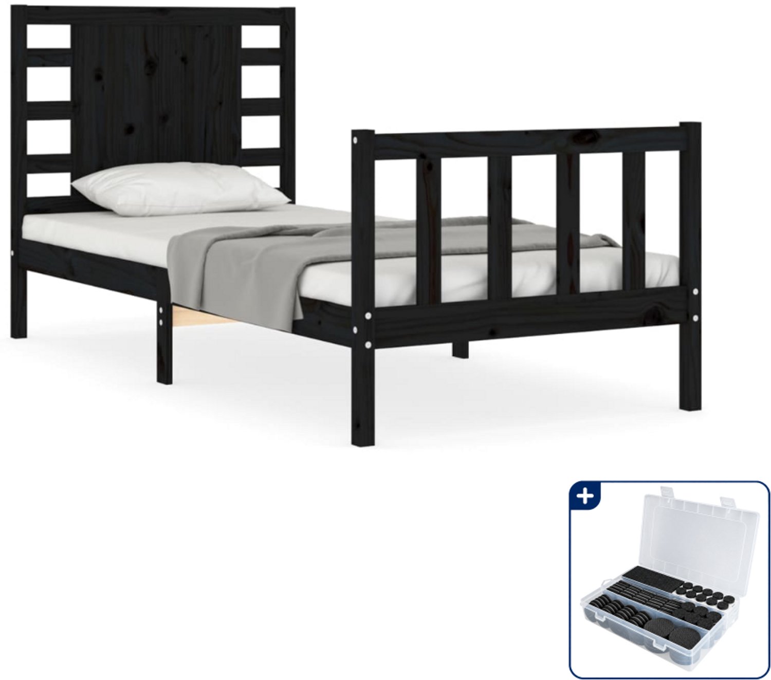 vidaXL bedframe met hoofdbord - 75 x 190 cm - massief grenenhout - zwart - Inclusief antikrasvilt 177-delig