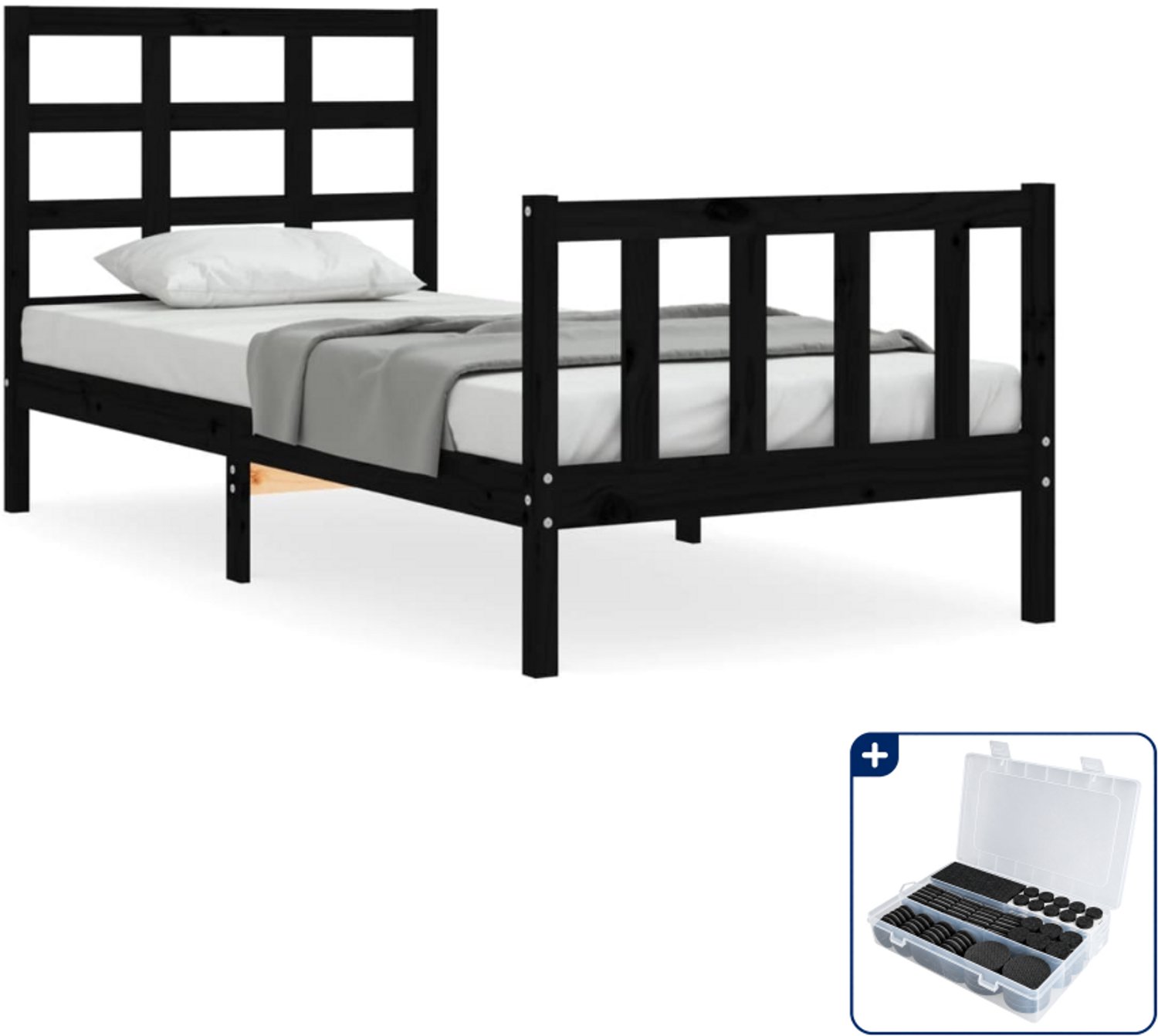 vidaXL bedframe met hoofdbord - 75 x 190 cm - massief grenenhout - zwart - Inclusief antikrasvilt 177-delig
