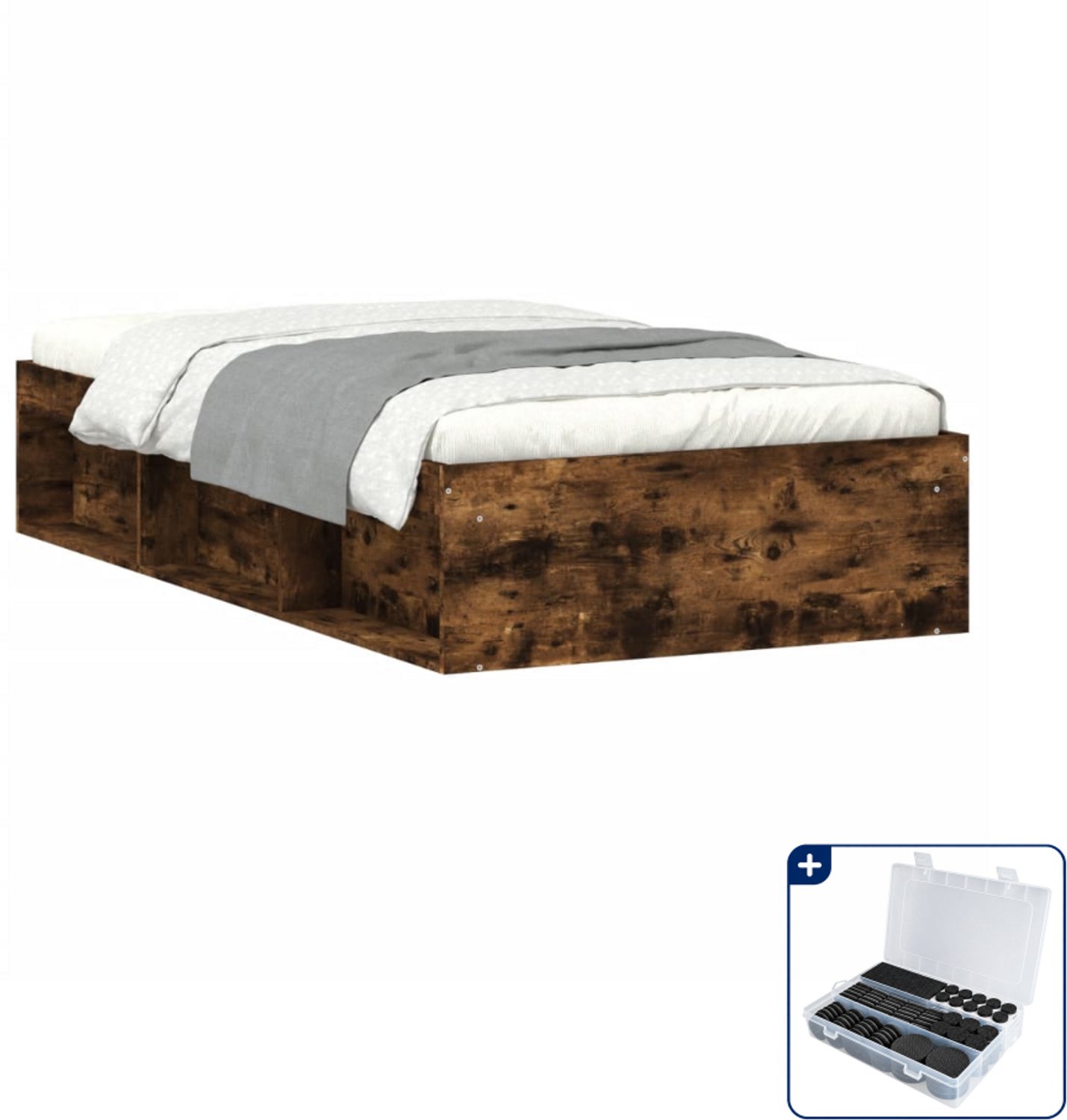vidaXL bedframe - 100 x 200 cm - bewerkt hout - gerookt eiken - Inclusief antikrasvilt 177-delig Grijs