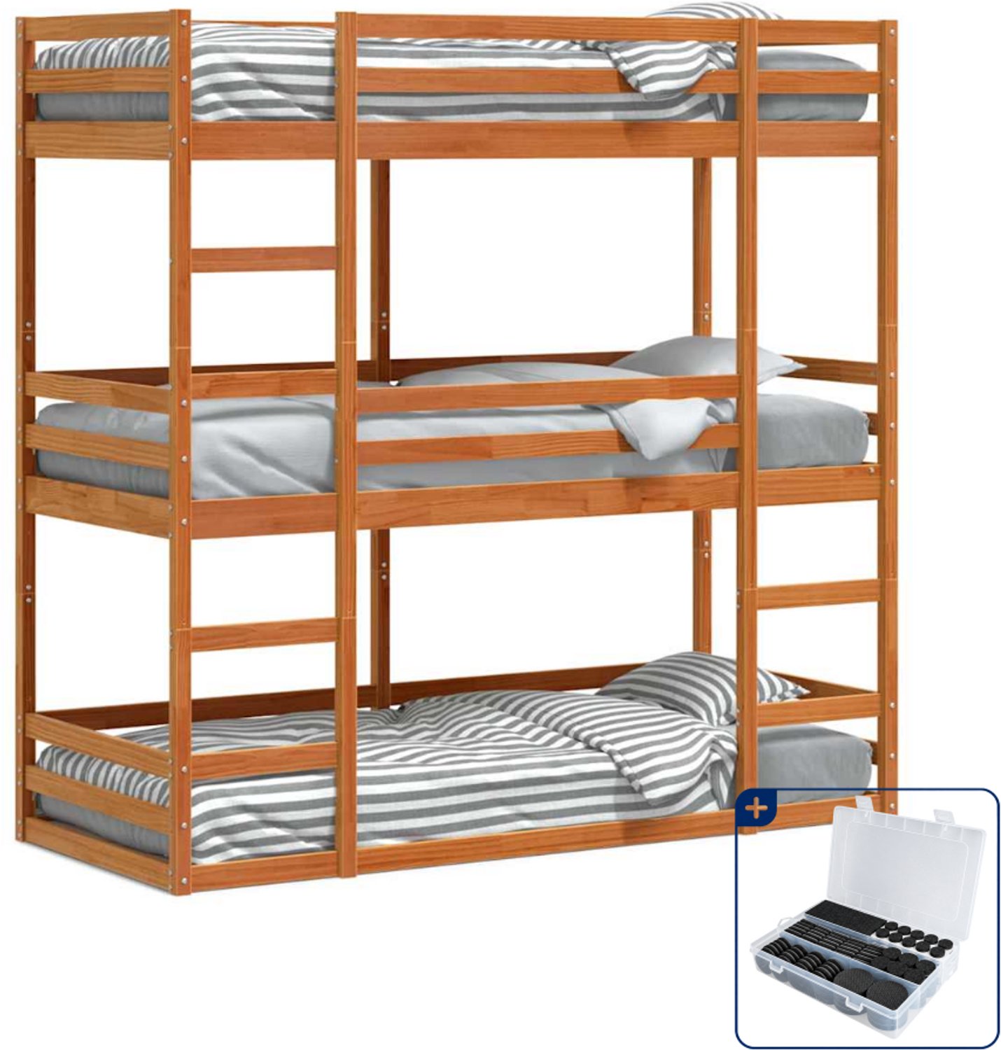 vidaXL 3-persoons stapelbed - 90 x 200 cm - massief grenenhout - bruin - Inclusief antikrasvilt 177-delig Groen