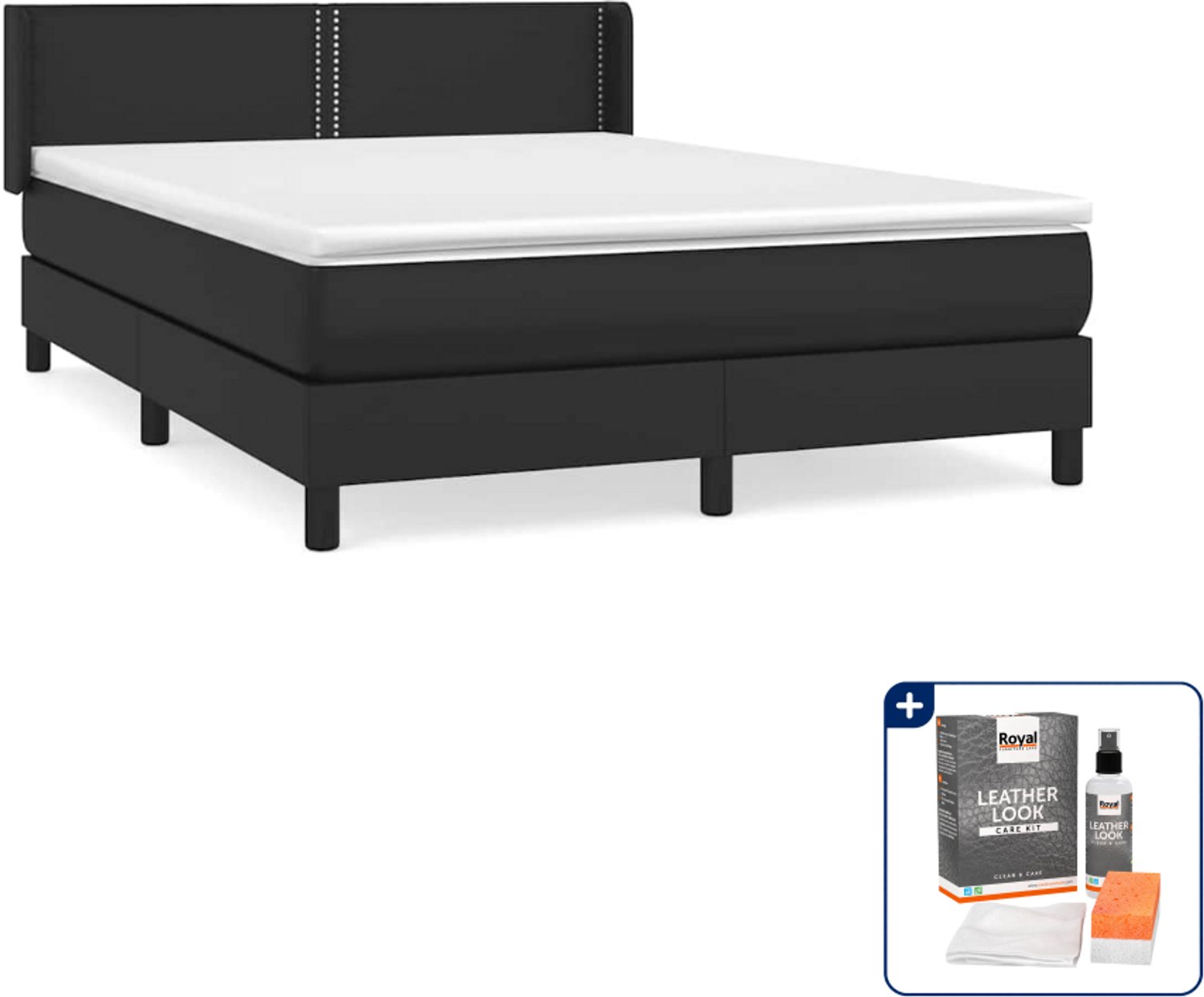 vidaXL boxspring met matras - 140 x 190 cm - kunstleer - zwart - Inclusief onderhoudsset voor kunstleer 150 ml