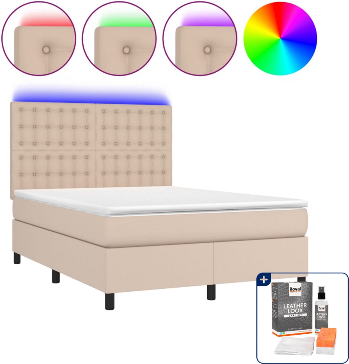 vidaXL Boxspring met matras en LED - Small double - 140x200 cm - Inclusief onderhoudsset voor kunstleer 150 ml Bruin