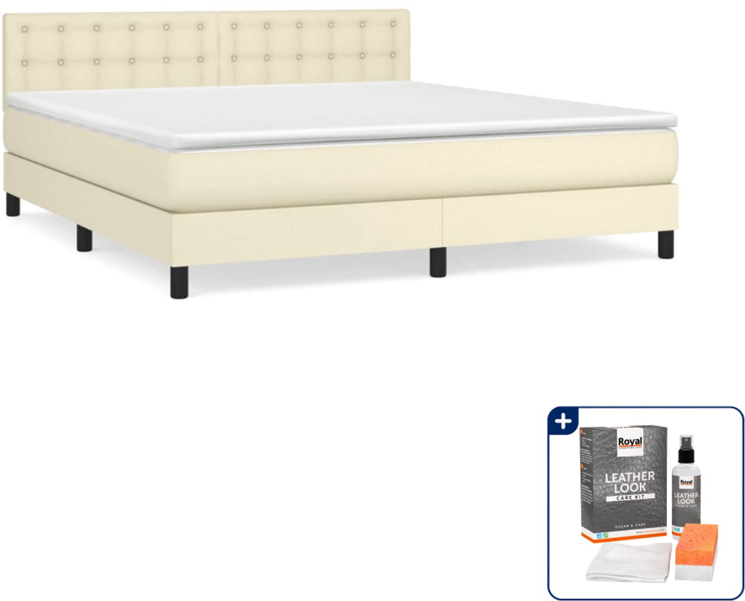 vidaXL boxspring met matras - Queensize - 160 x 200 cm - crème - Inclusief onderhoudsset voor kunstleer 150 ml