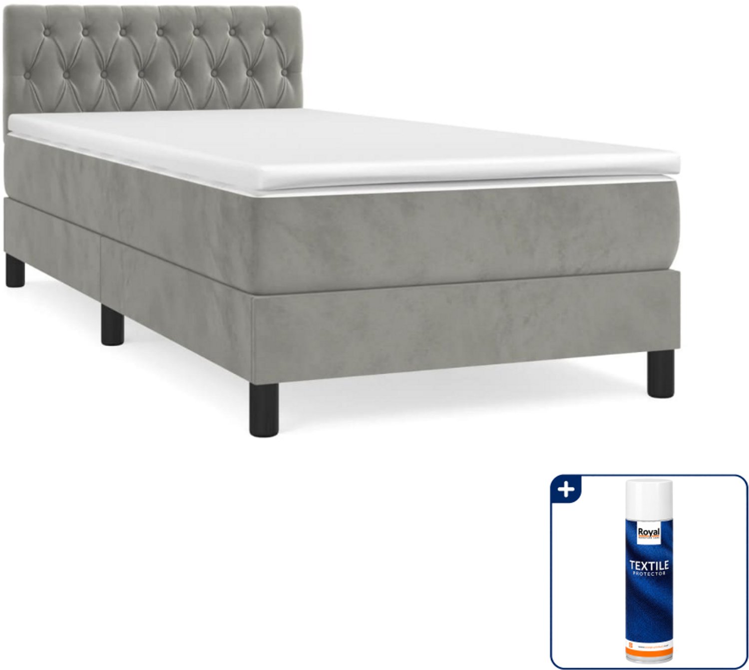 vidaXL boxspring met matras 90 x 200 cm - fluweel - lichtgrijs - Inclusief textielbeschermer 500 ml