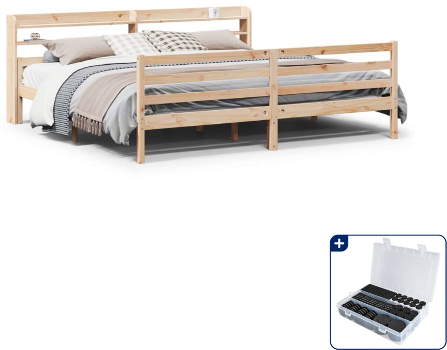 vidaXL bedframe met hoofdbord - 200 x 200 cm - massief grenenhout - Inclusief antikrasvilt 177-delig Bruin