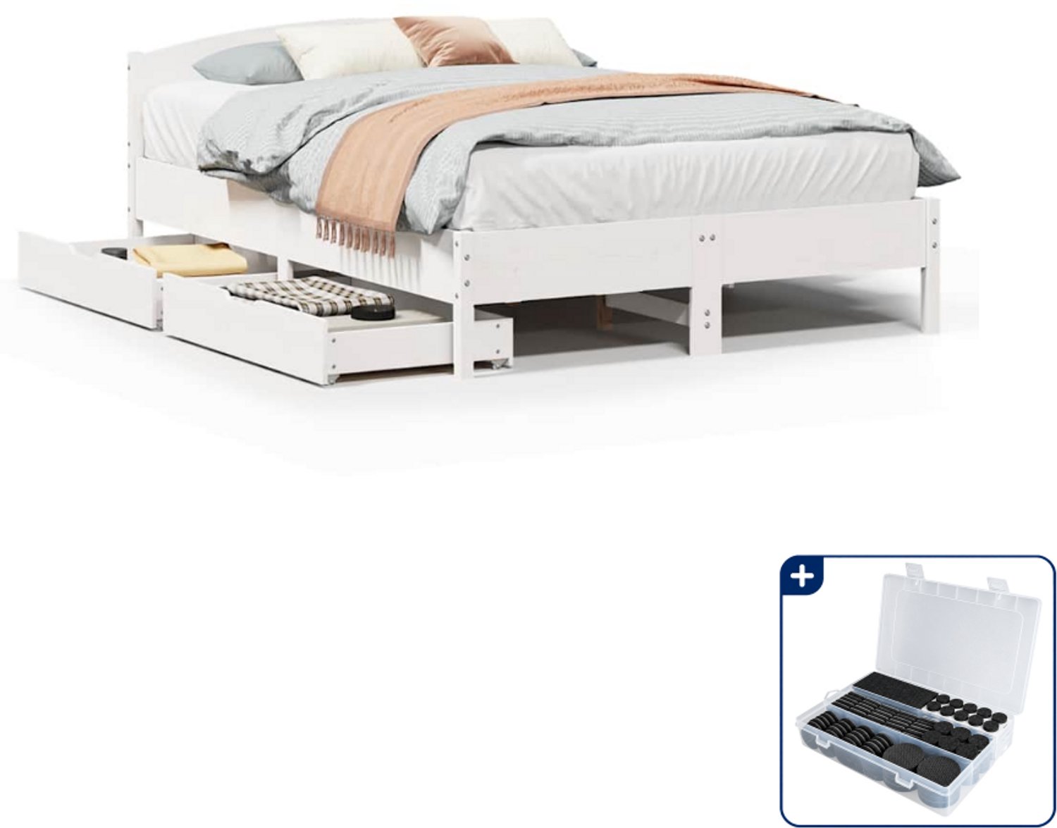 vidaXL bedframe met 2 lades - 135 x 190 cm - massief grenenhout - wit - Inclusief antikrasvilt 177-delig Bruin