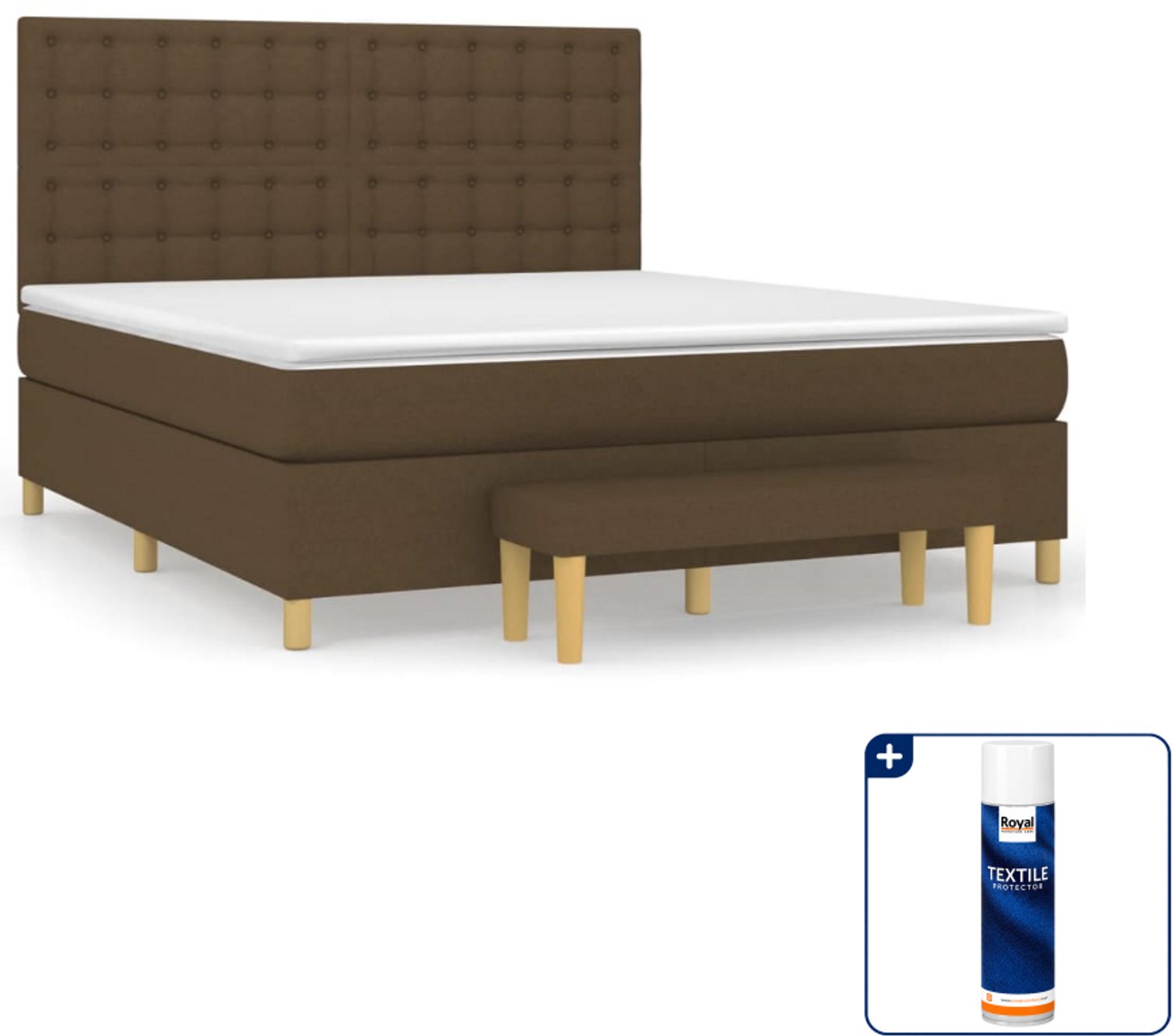 vidaXL Kingsize boxspring met matras en bankje - 180 x 200 cm - bruin - Inclusief textielbeschermer 500 ml
