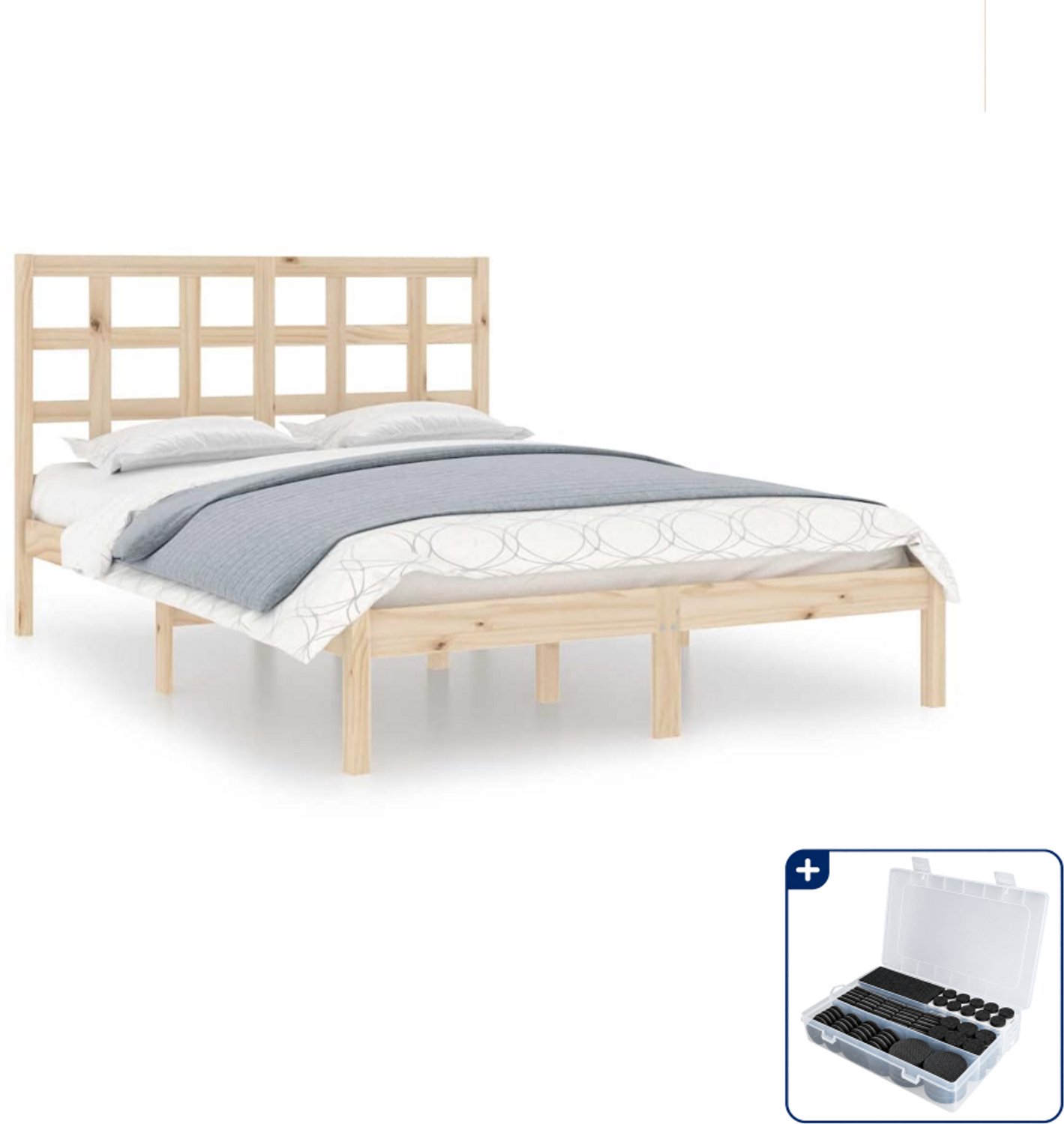 vidaXL bedframe - 135 x 190 cm - massief grenenhout - Inclusief antikrasvilt 177-delig Grijs