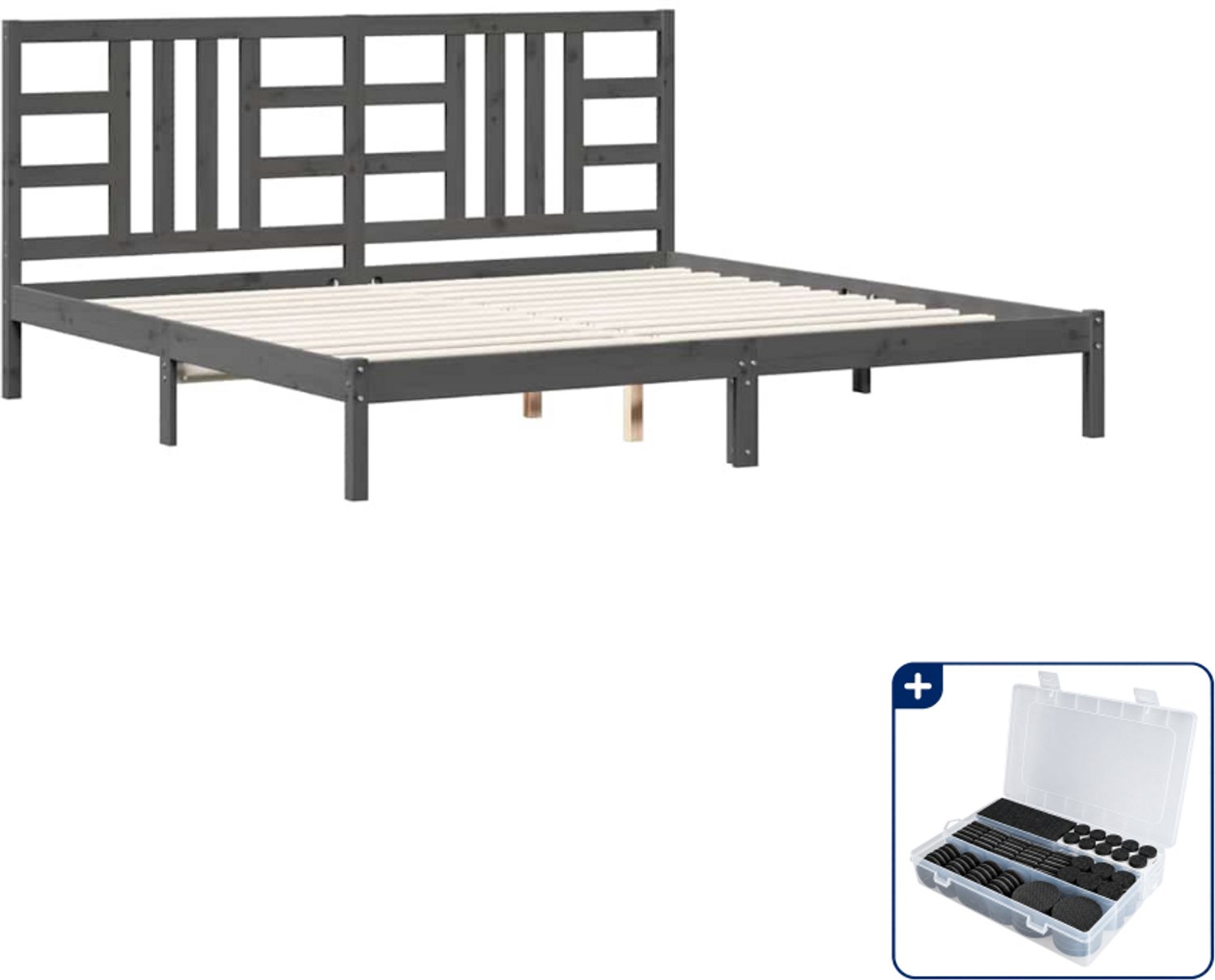 vidaXL bedframe - 200 x 200 cm - massief grenenhout - grijs - Inclusief antikrasvilt 177-delig Blauw