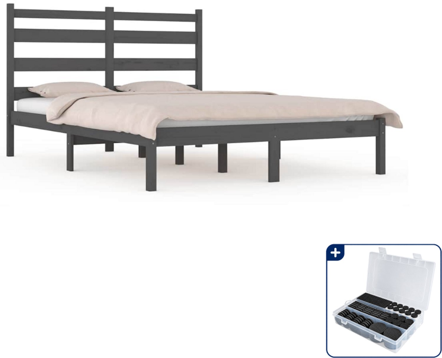 vidaXL Bedframe Super kingsize - 200 x 200 cm - massief grenenhout - grijs - Inclusief antikrasvilt 177-delig