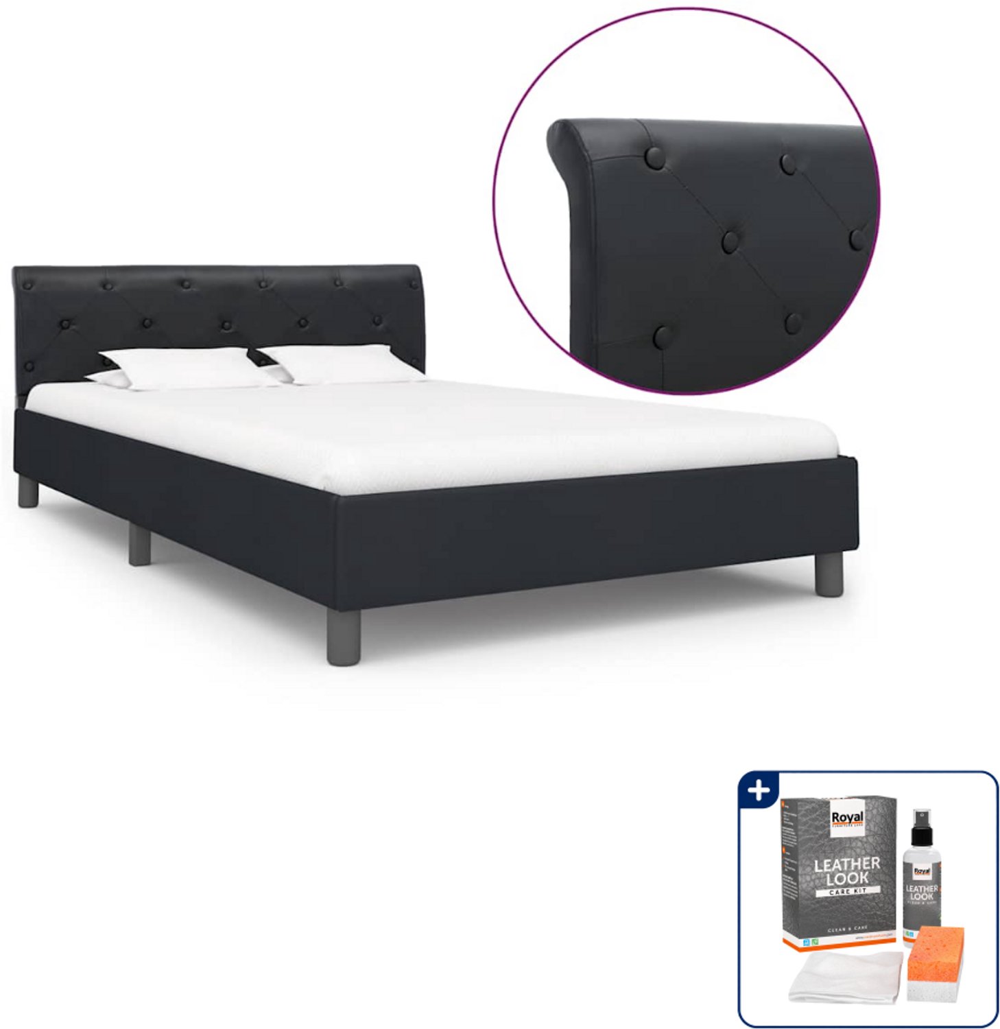vidaXL Bedframe - Small double 140 x 200 cm - kunstleer - zwart - Inclusief onderhoudsset voor kunstleer 150 ml Wit