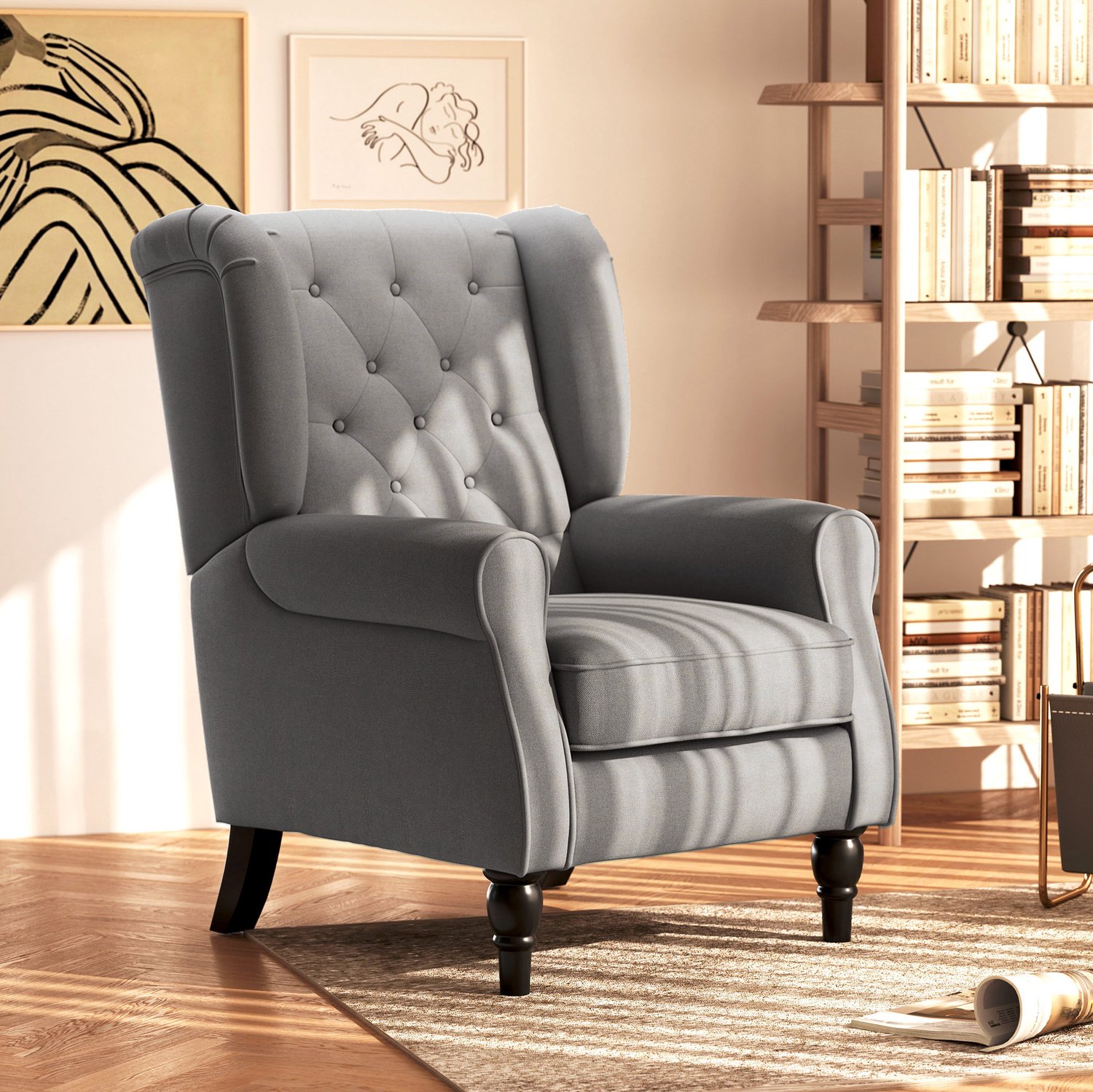 MODENUIT Oorfauteuil 74 x 86 x 102 cm - Knoopstiksels - Woonkamer En Slaapkamer - Polyester - Donkergrijs