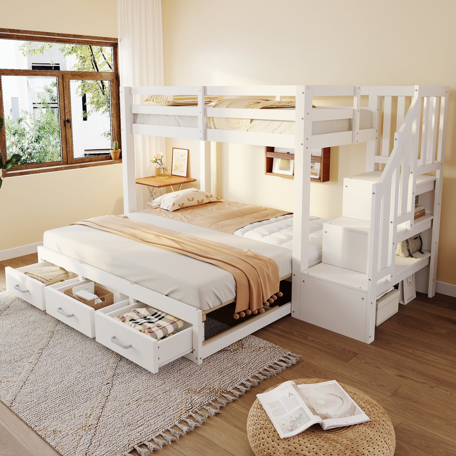 Zubaliya Stapelbed - 90 x 200 / 90 x 190 / 180 x 190 cm - Wit - hout, bewerkt hout - Lades - Uitschuifbaar - Lattenbodem