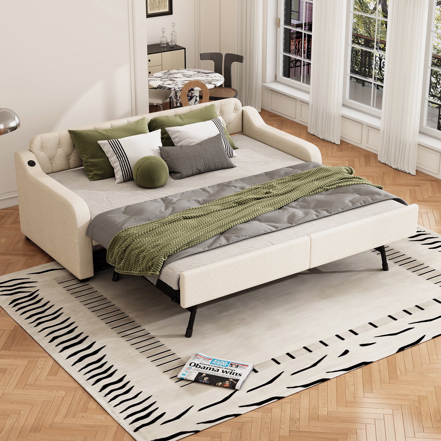 Zubaliya Dagbed - 90 x 200 cm - Beige - linnen - USB-aansluiting - Uitschuifbaar