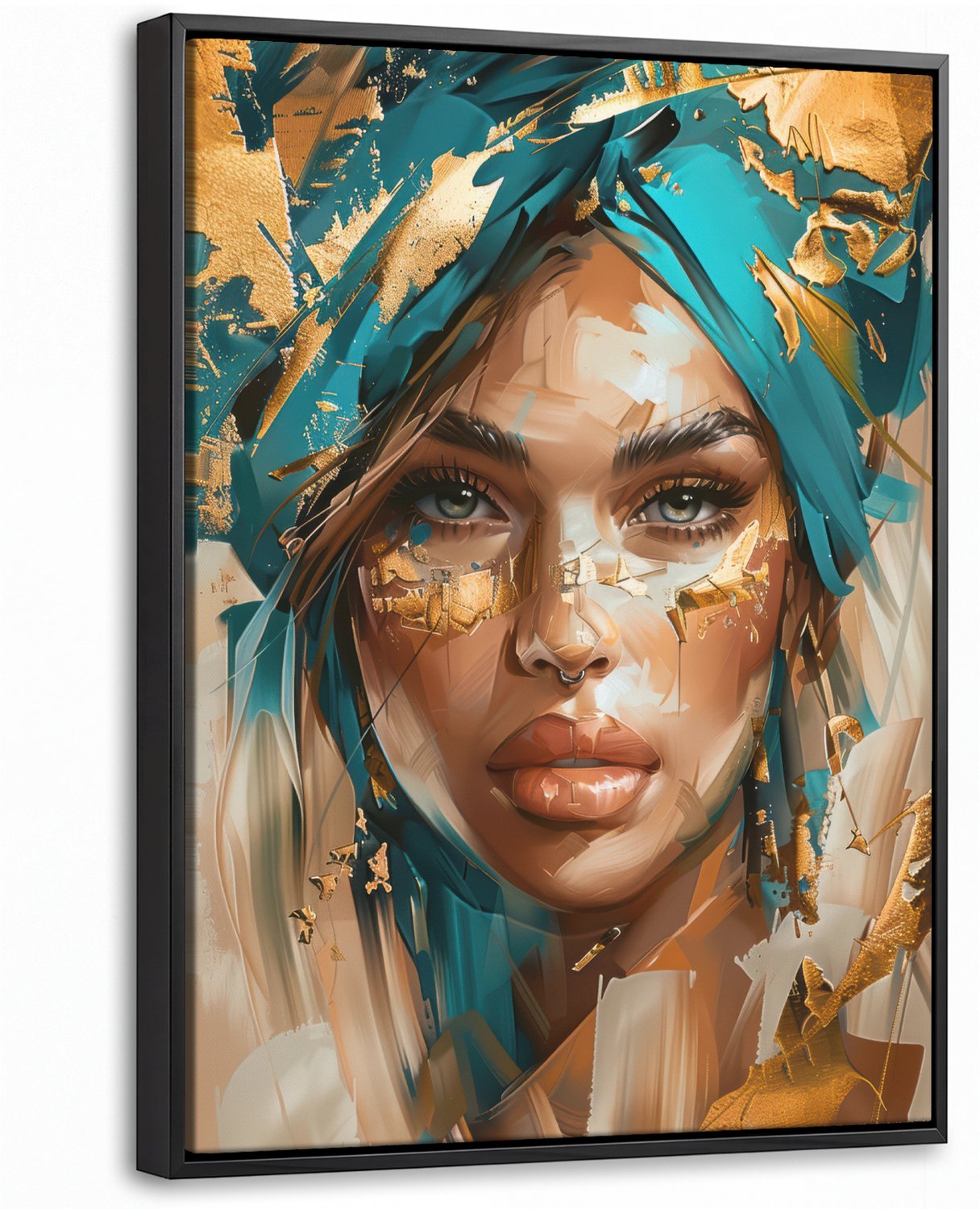 Canvas Schilderij met Baklijst 30x40cm - Vrouw - Portret - Goud - Luxe - Blauw - Muurdecoratie woonkamer - Slaapkamer decoratie - Kamer accessoires - Schilderijen op canvas met lijst