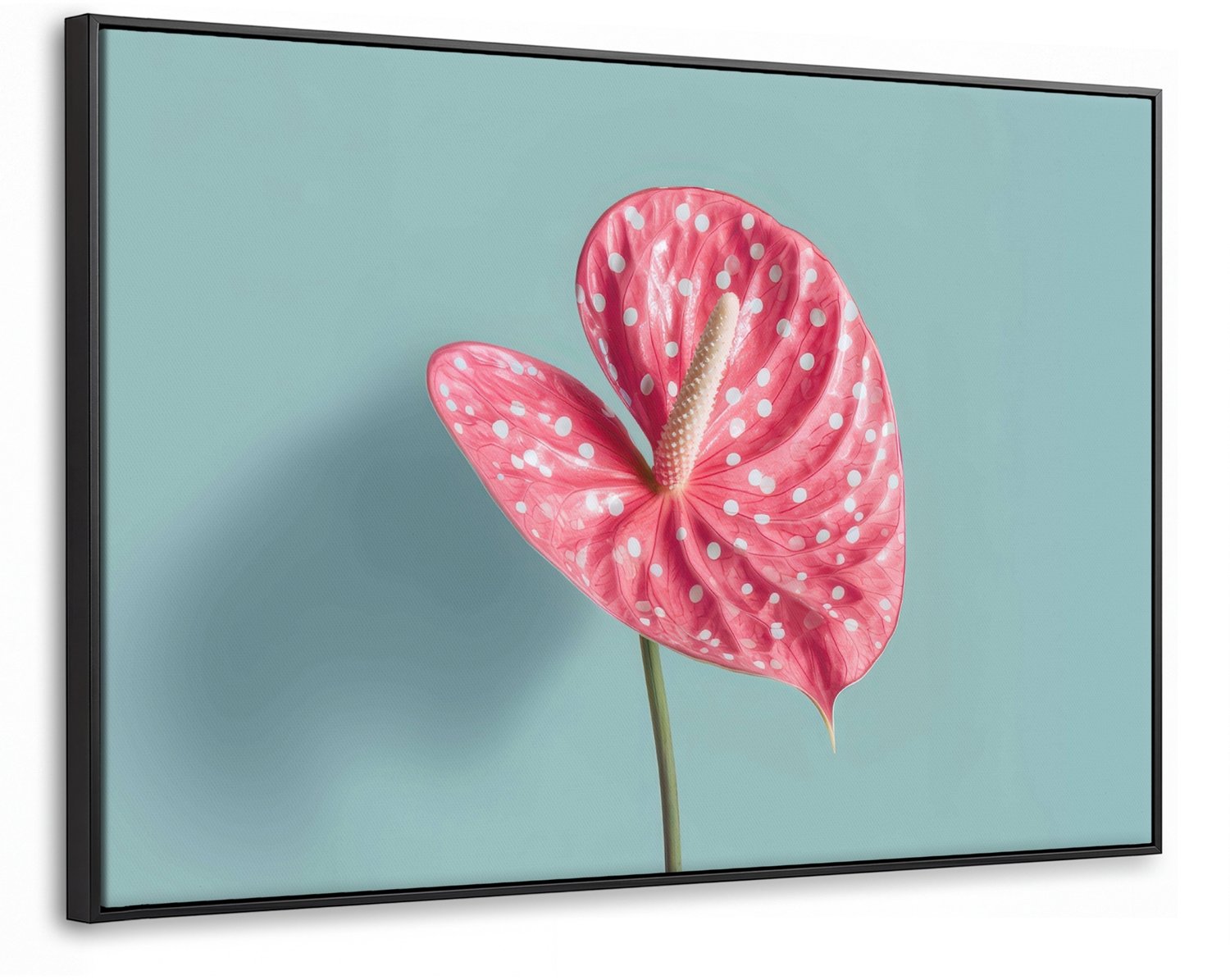 Canvas Schilderij met Baklijst 90x60cm - Blad - Anthurium - Stippen - Roze - Muurdecoratie woonkamer - Slaapkamer decoratie - Kamer accessoires - Schilderijen op canvas met lijst