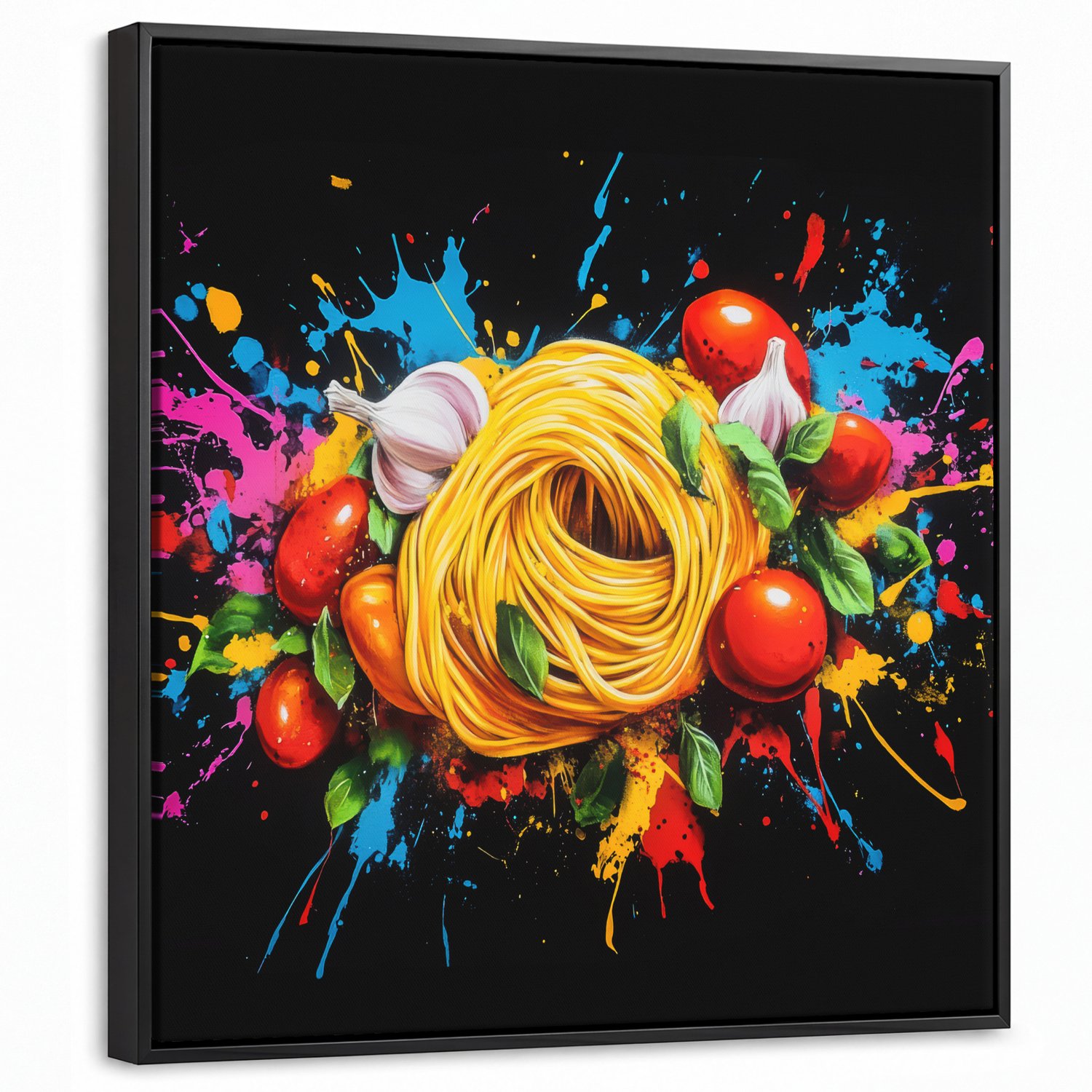 Canvas Schilderij met Baklijst 50x50cm - Spaghetti - Graffiti - Verf - Kleurrijk - Eten - Modern - Muurdecoratie woonkamer - Slaapkamer decoratie - Kamer accessoires - Schilderijen op canvas met lijst